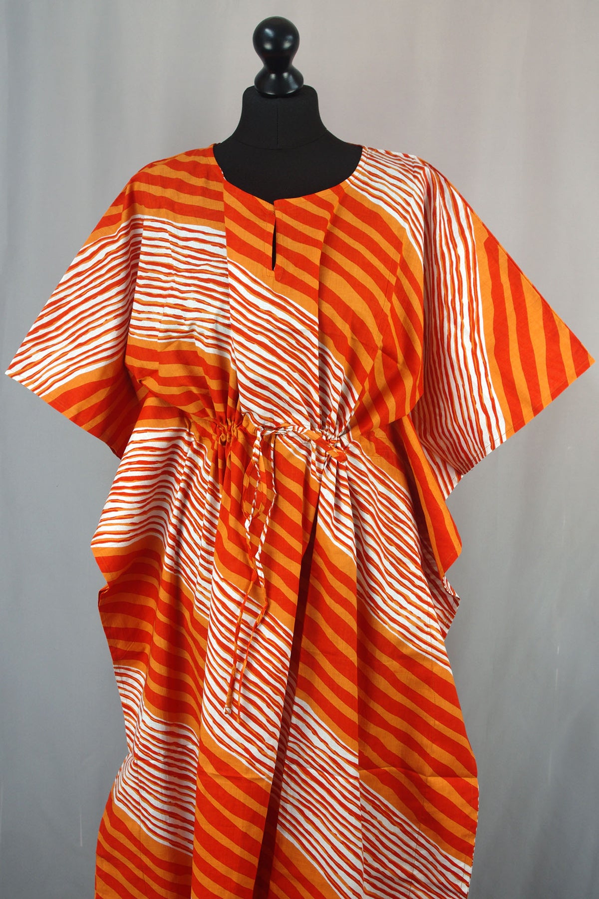 Cotton Long Kaftan - Orange And Red Stripes