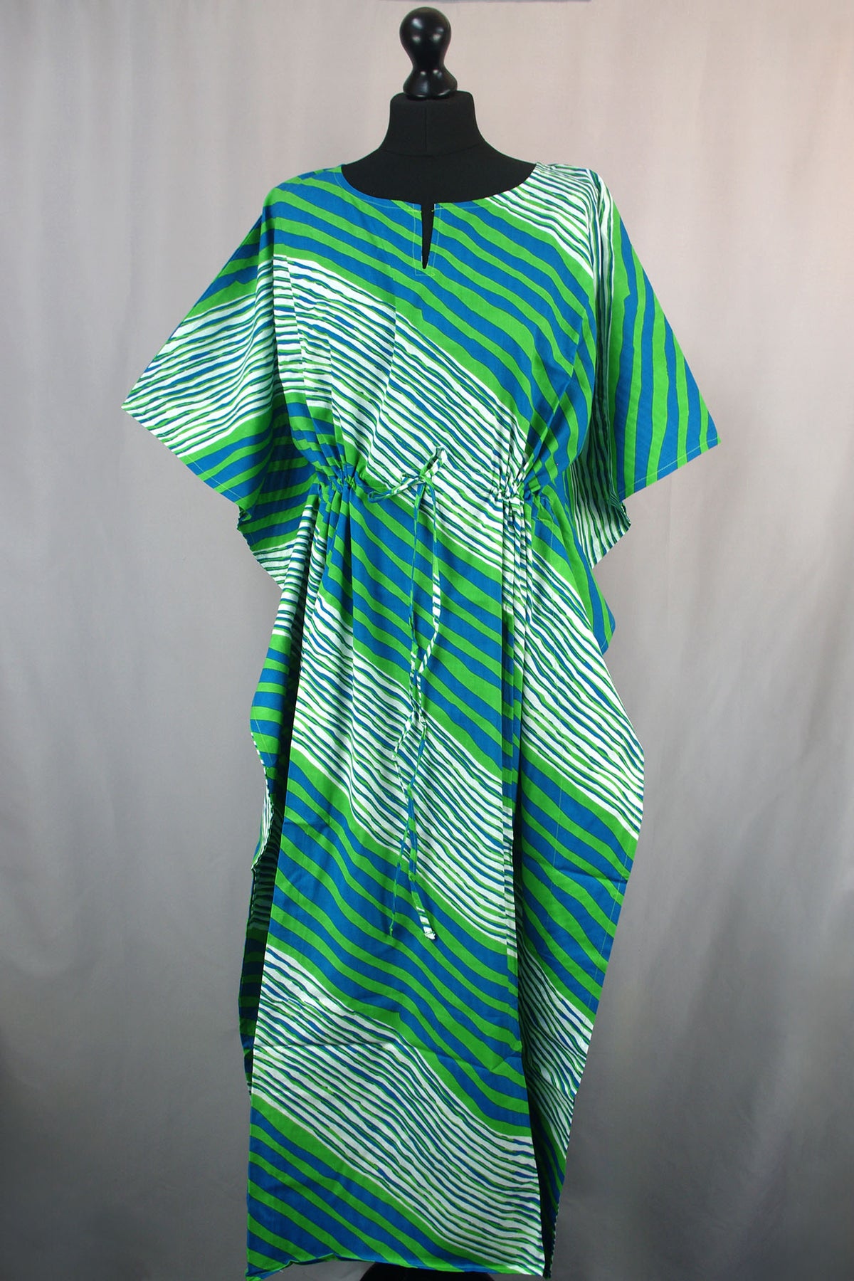 Cotton Long Kaftan - Green And Blue Stripes