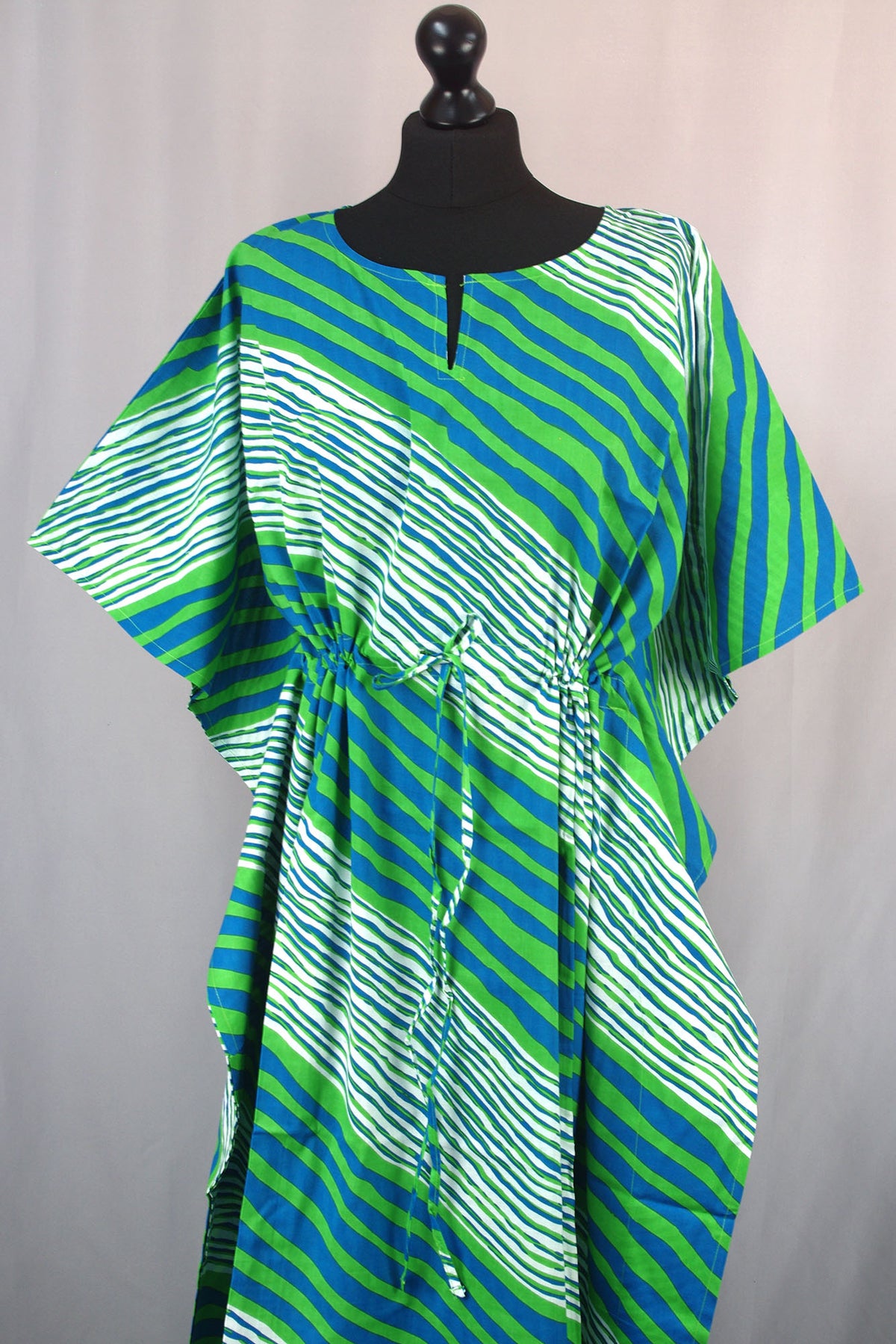 Cotton Long Kaftan - Green And Blue Stripes