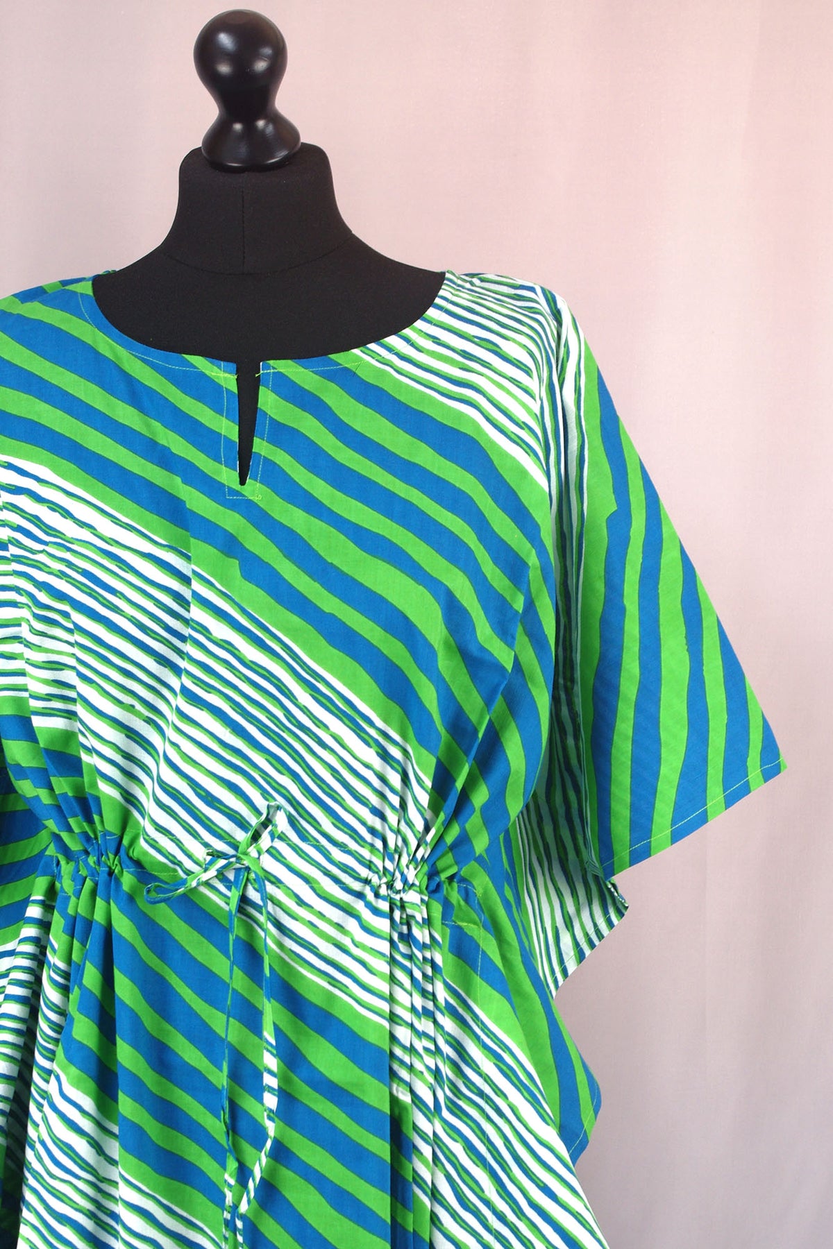 Cotton Long Kaftan - Green And Blue Stripes