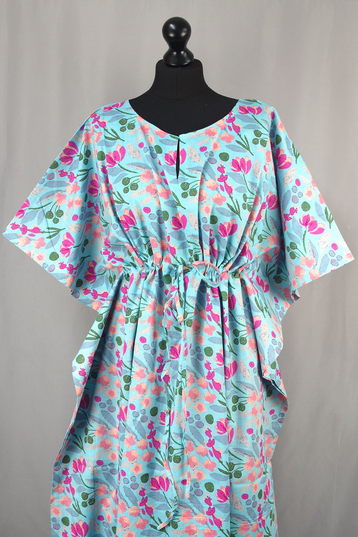 Cotton Long Kaftan - Pink Blossom On Aqua