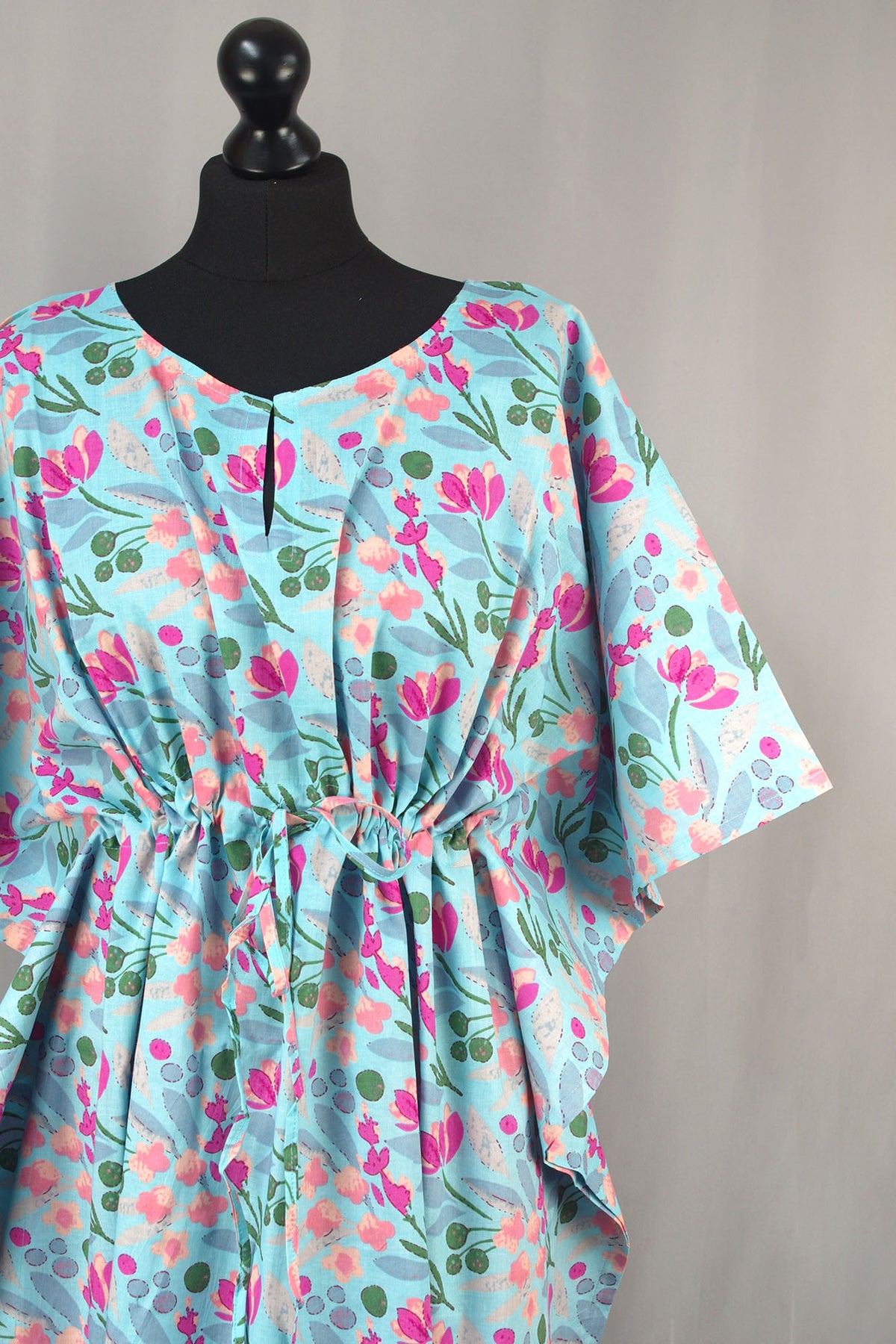 Cotton Long Kaftan - Pink Blossom On Aqua