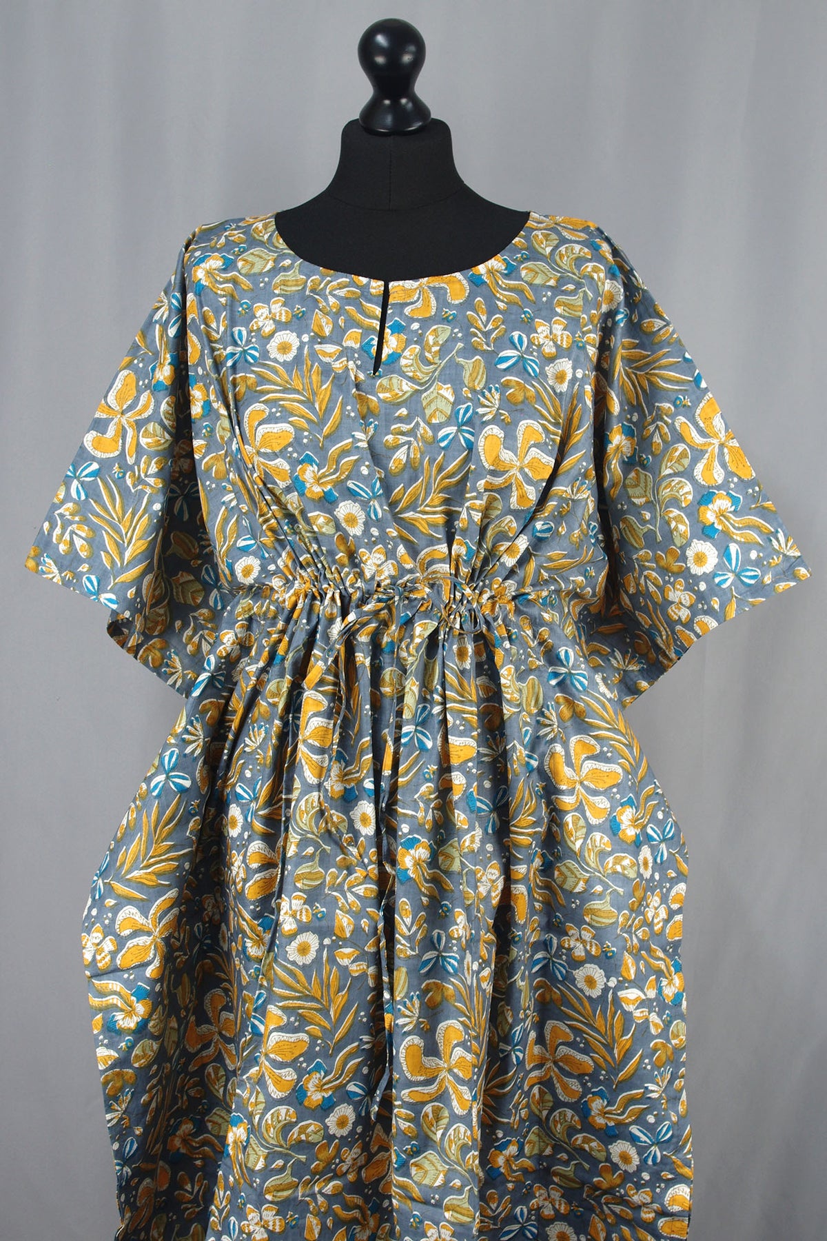 Cotton Long Kaftan - Yellow Floral On Grey Base