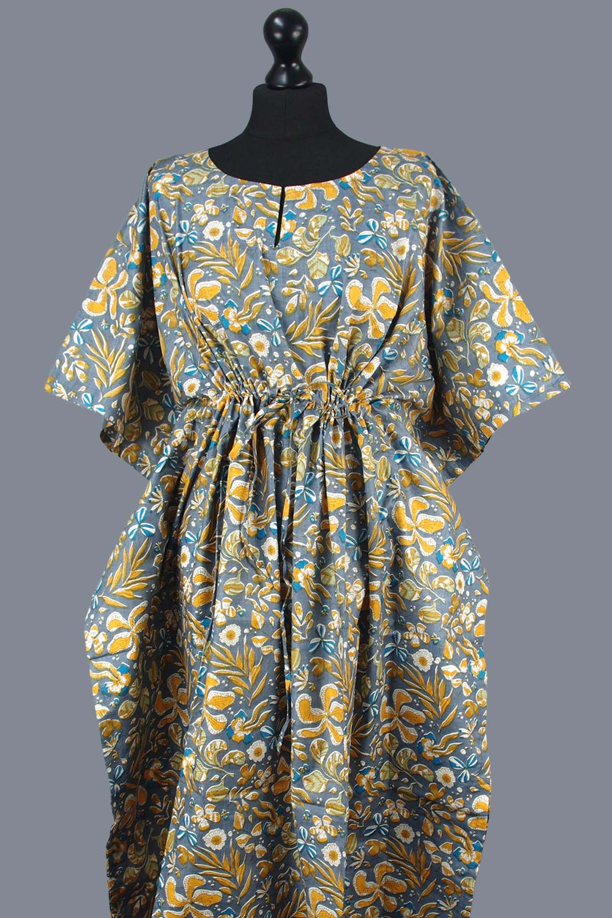 Cotton Long Kaftan - Yellow Floral On Grey Base