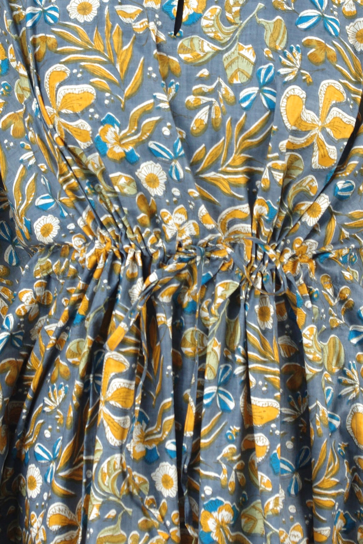 Cotton Long Kaftan - Yellow Floral On Grey Base