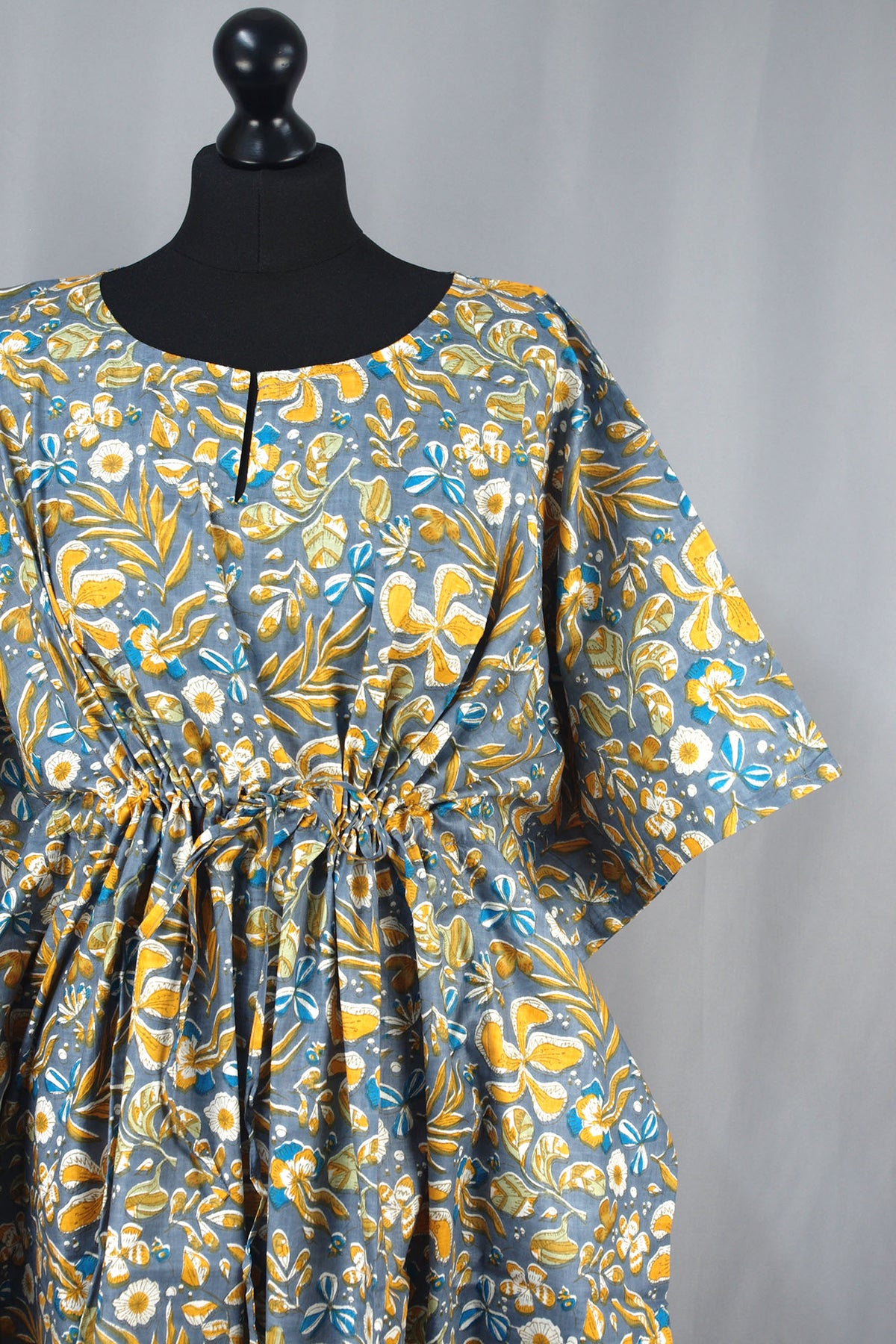 Cotton Long Kaftan - Yellow Floral On Grey Base