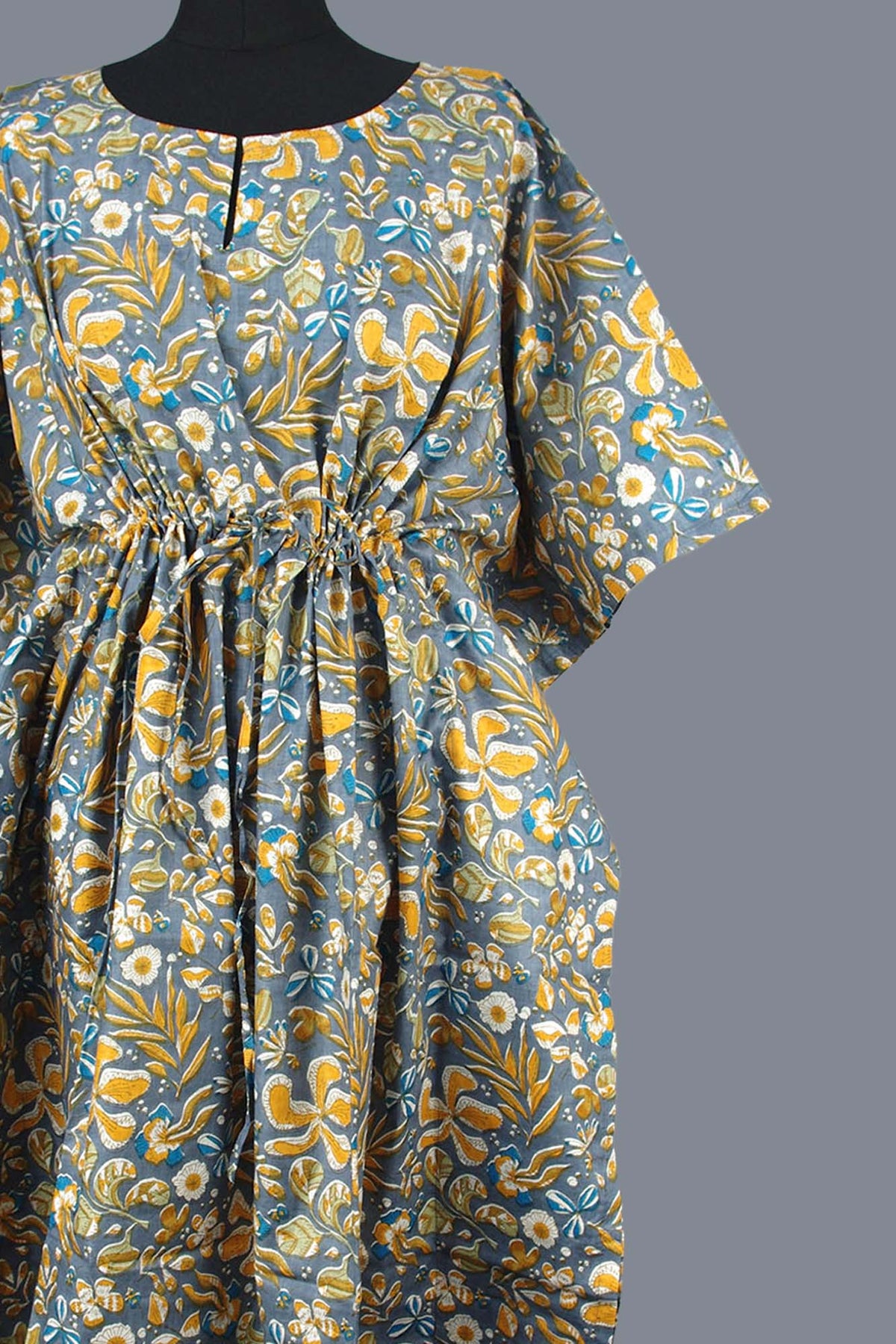 Cotton Long Kaftan - Yellow Floral On Grey Base