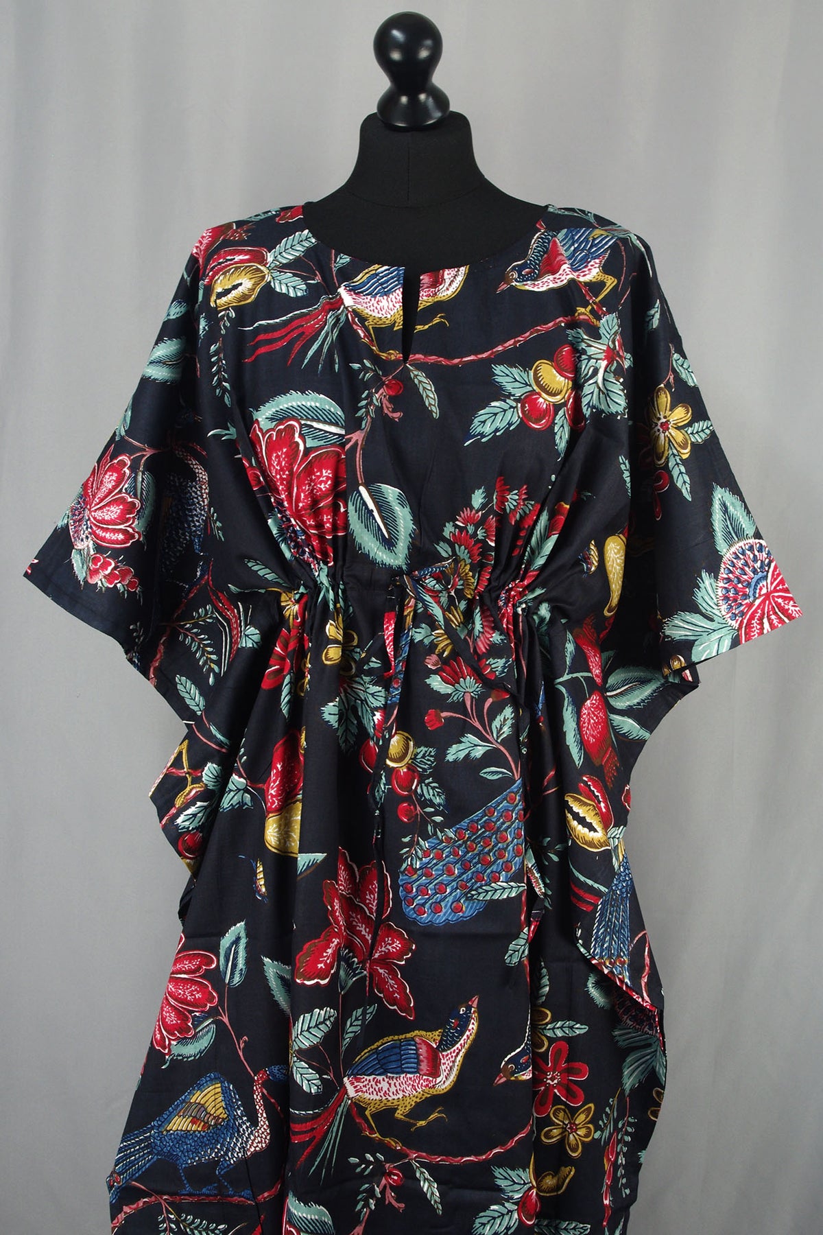 Cotton Long Kaftan - Peacock Prints On Black