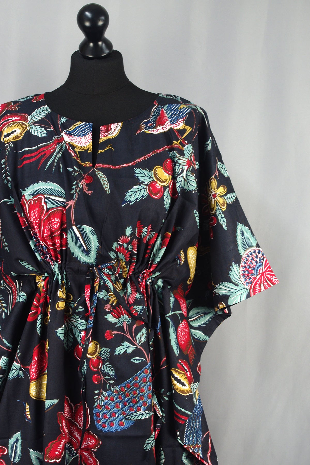 Cotton Long Kaftan - Peacock Prints On Black