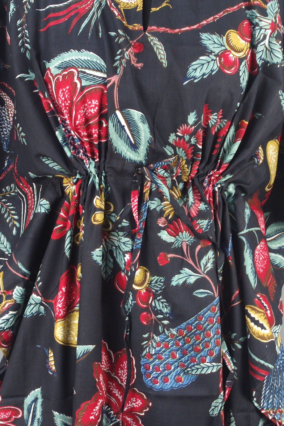 Cotton Long Kaftan - Peacock Prints On Black