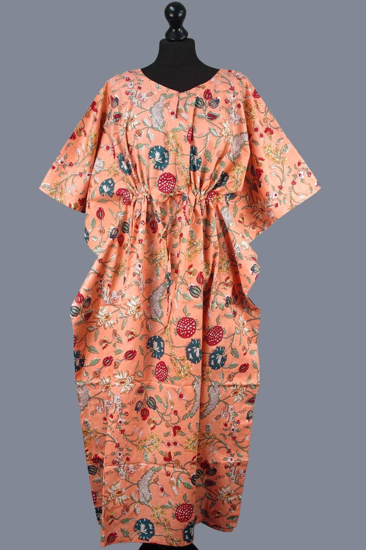 Cotton Long Kaftan - Floral Jaal On Peach