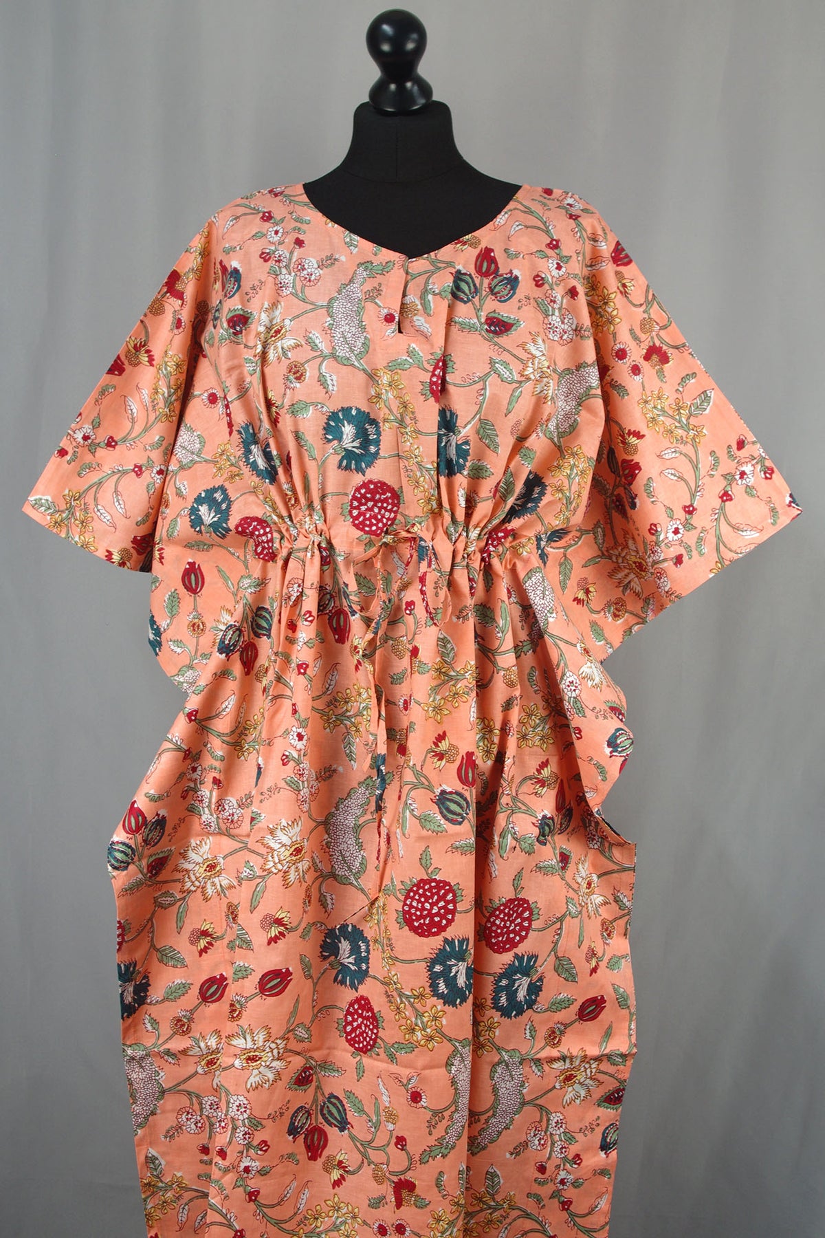 Cotton Long Kaftan - Floral Jaal On Peach