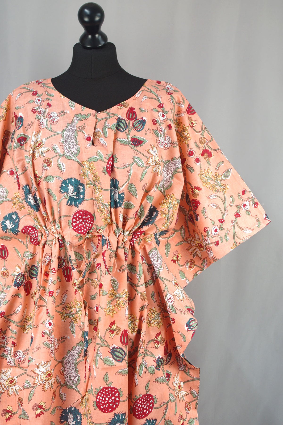 Cotton Long Kaftan - Floral Jaal On Peach