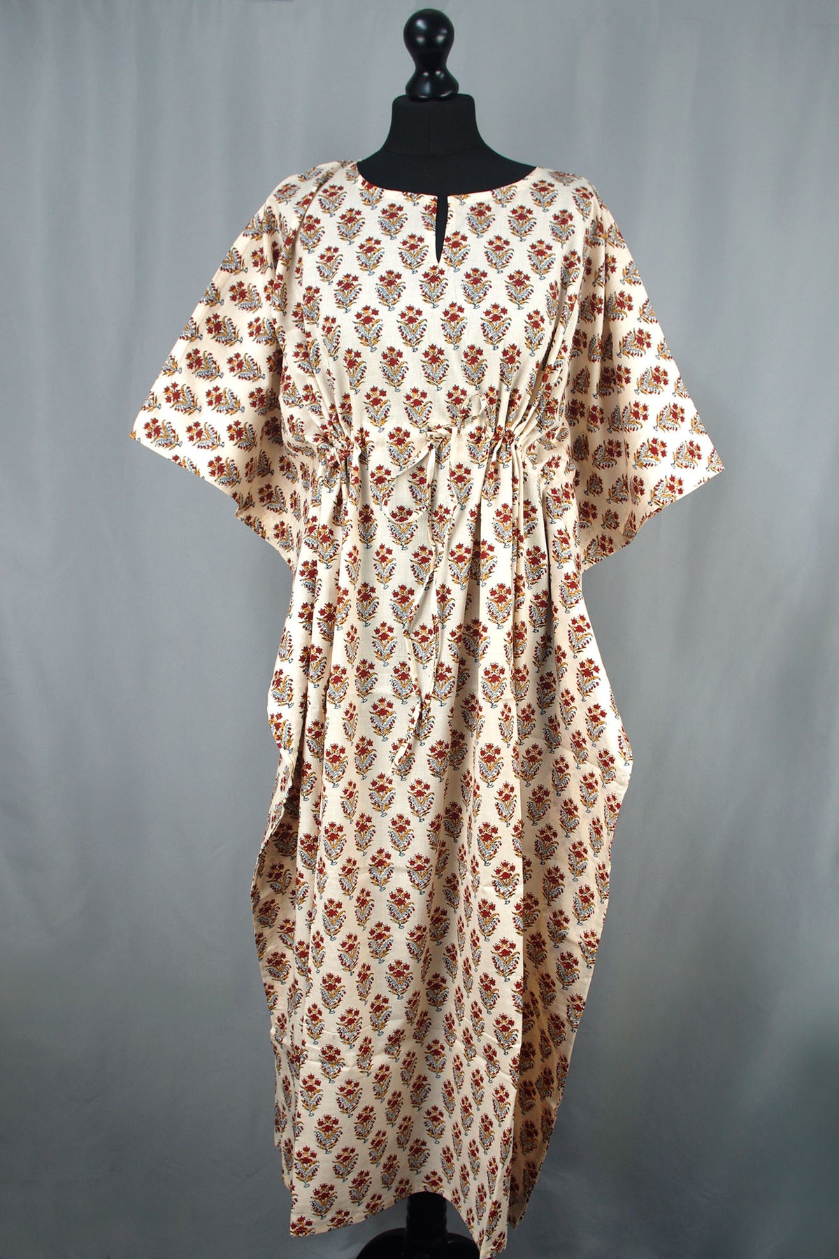 Cotton Long Kaftan - Red Motif On Cream Base