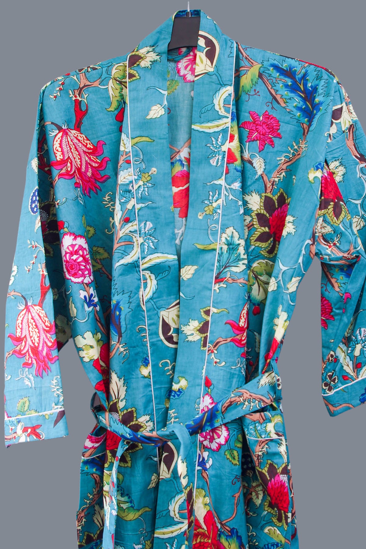 Turquoise Botanical Cotton Kimono Dressing Gown