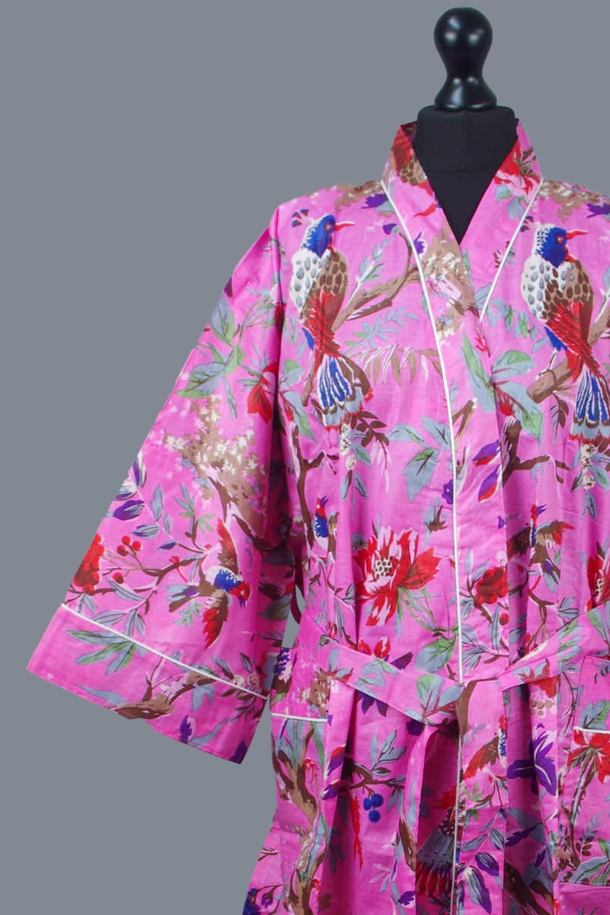 Pink Tropical Birds Print Cotton Kimono Dressing Gown