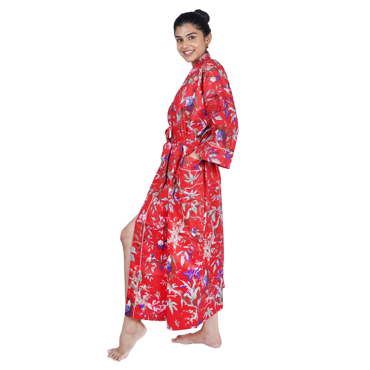 Red Tropical Birds Print Cotton Kimono Dressing Gown