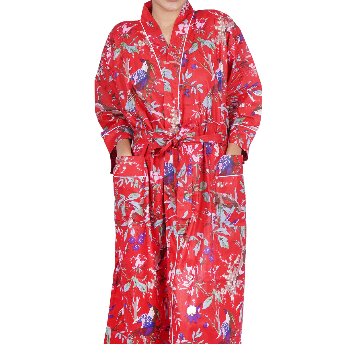 Roter Kimono-Morgenmantel aus Baumwolle mit tropischen Vögeln