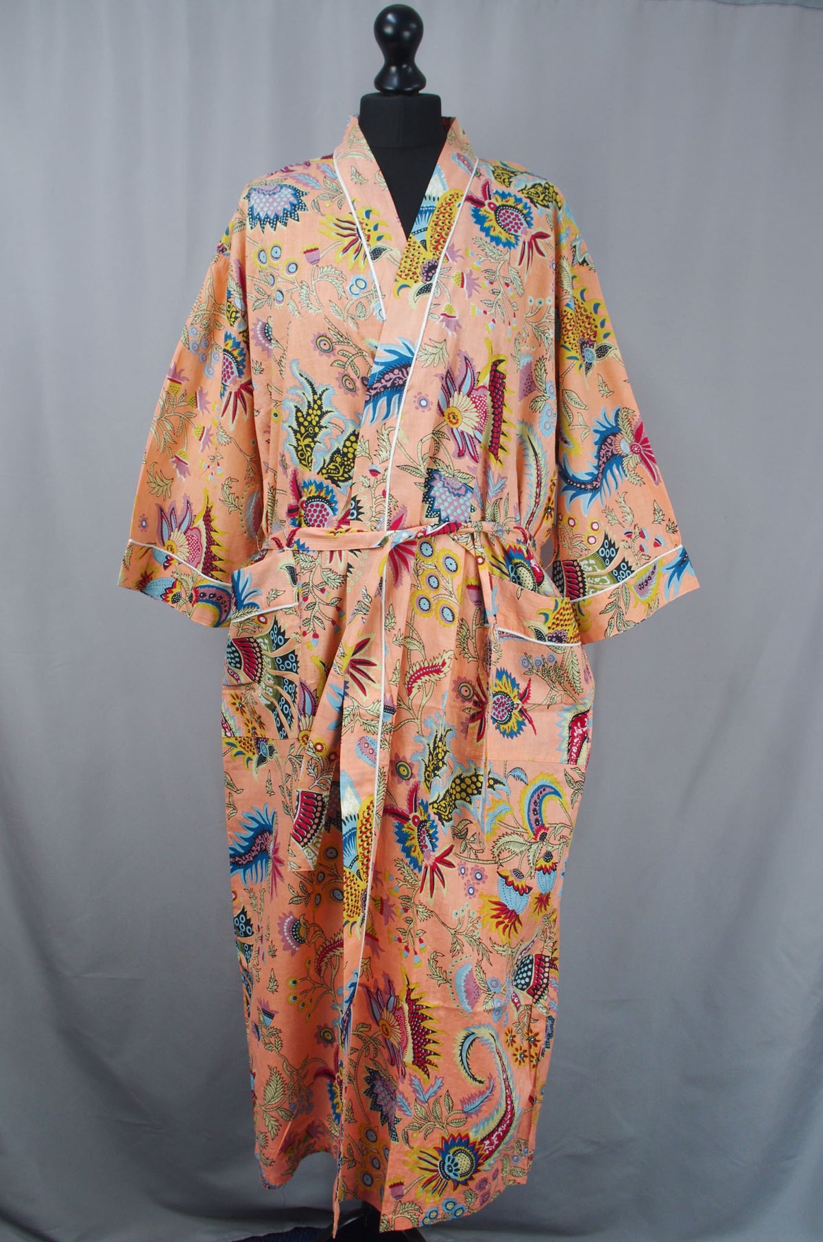 Peach Mukut Print Cotton Kimono Dressing Gown