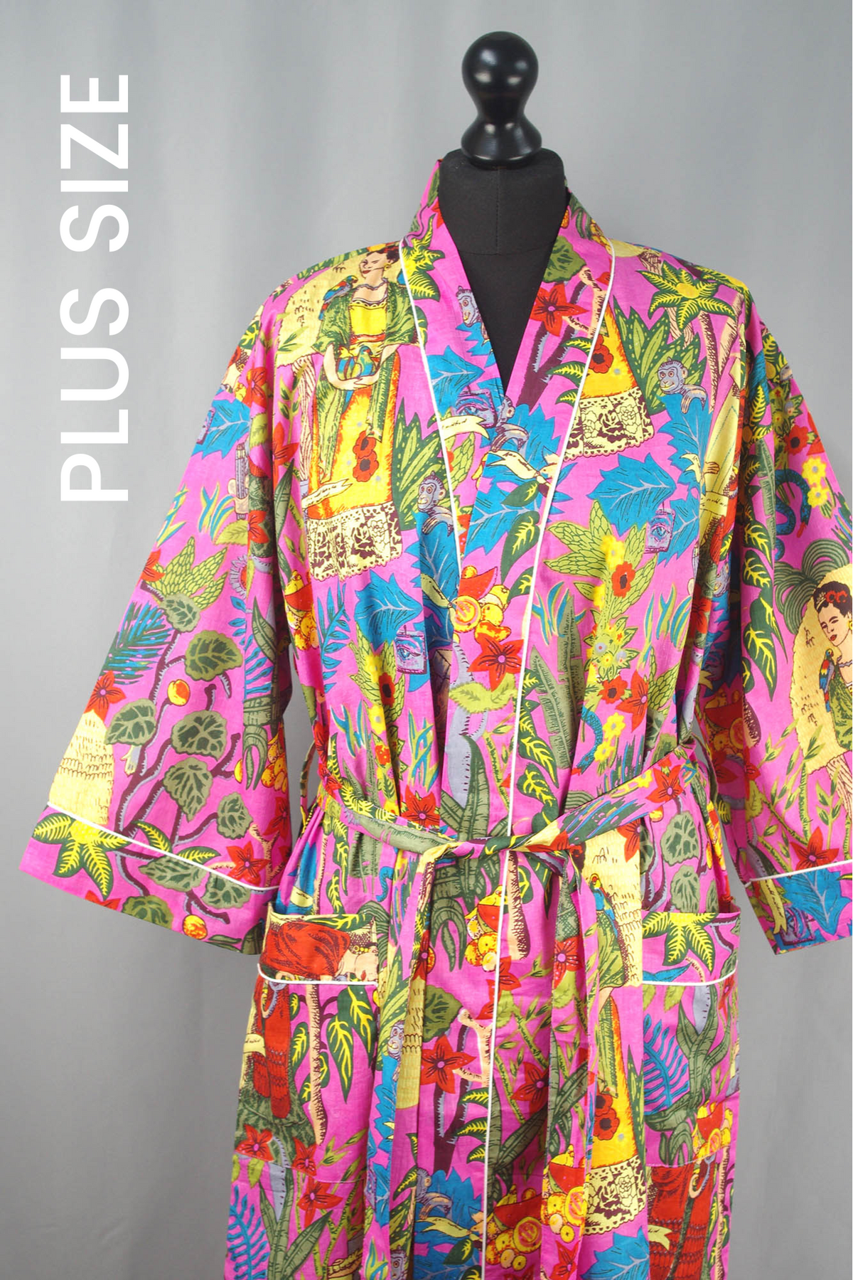 Plus Size Pink Frida Kahlo Floral Print Cotton Kimono Dressing Gown