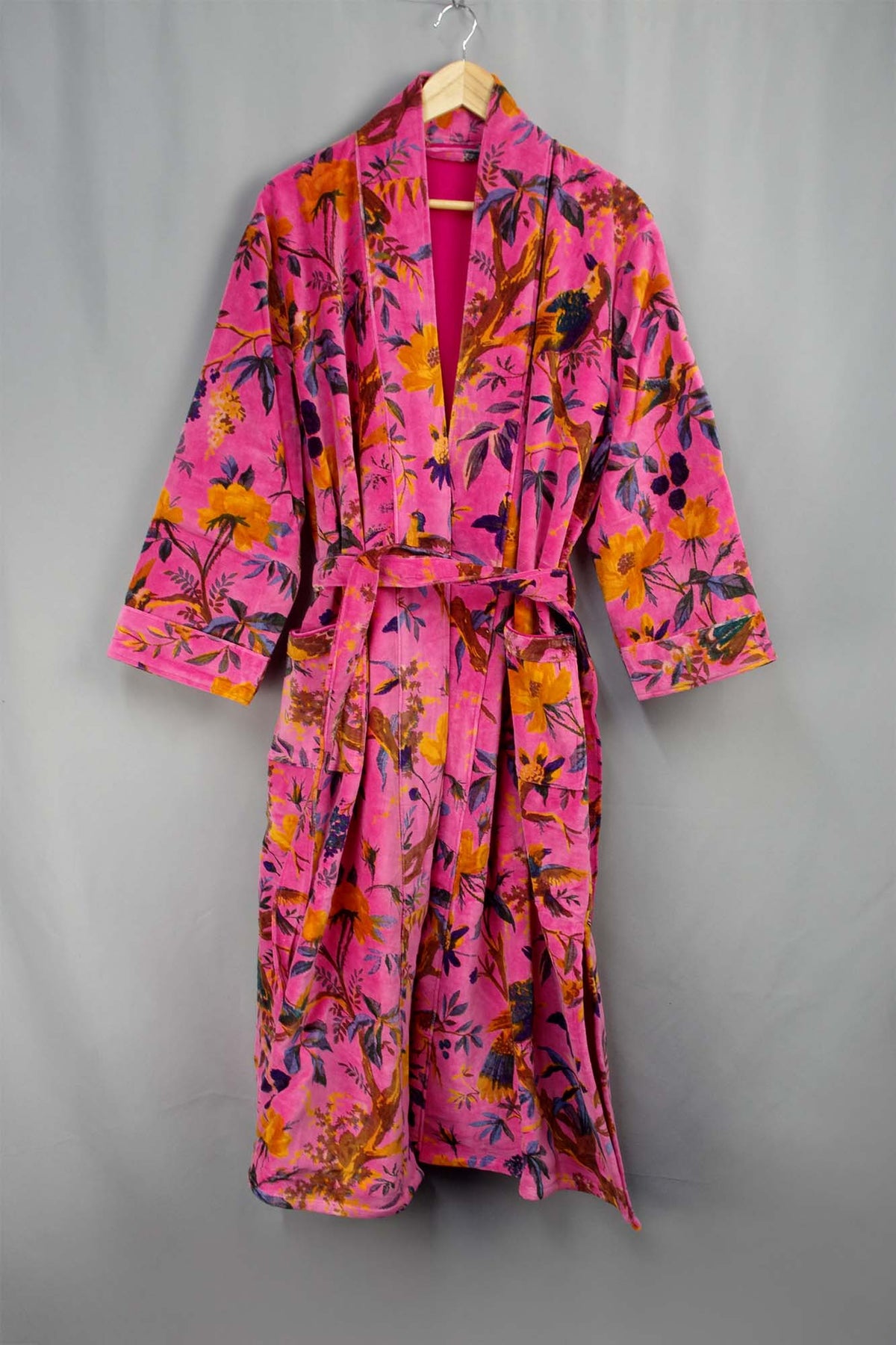 Luxury Pink Yellow Bird of Paradise Velvet Kimono Boho Robe With Lining.