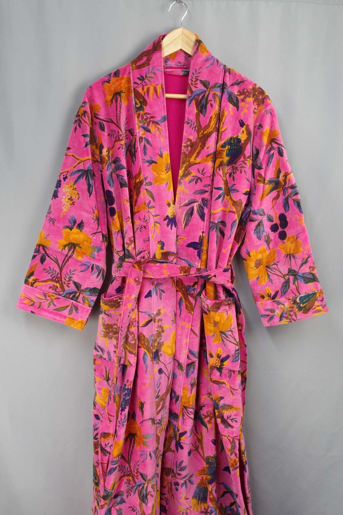 Luxury Pink Yellow Bird of Paradise Velvet Kimono Boho Robe With Lining.