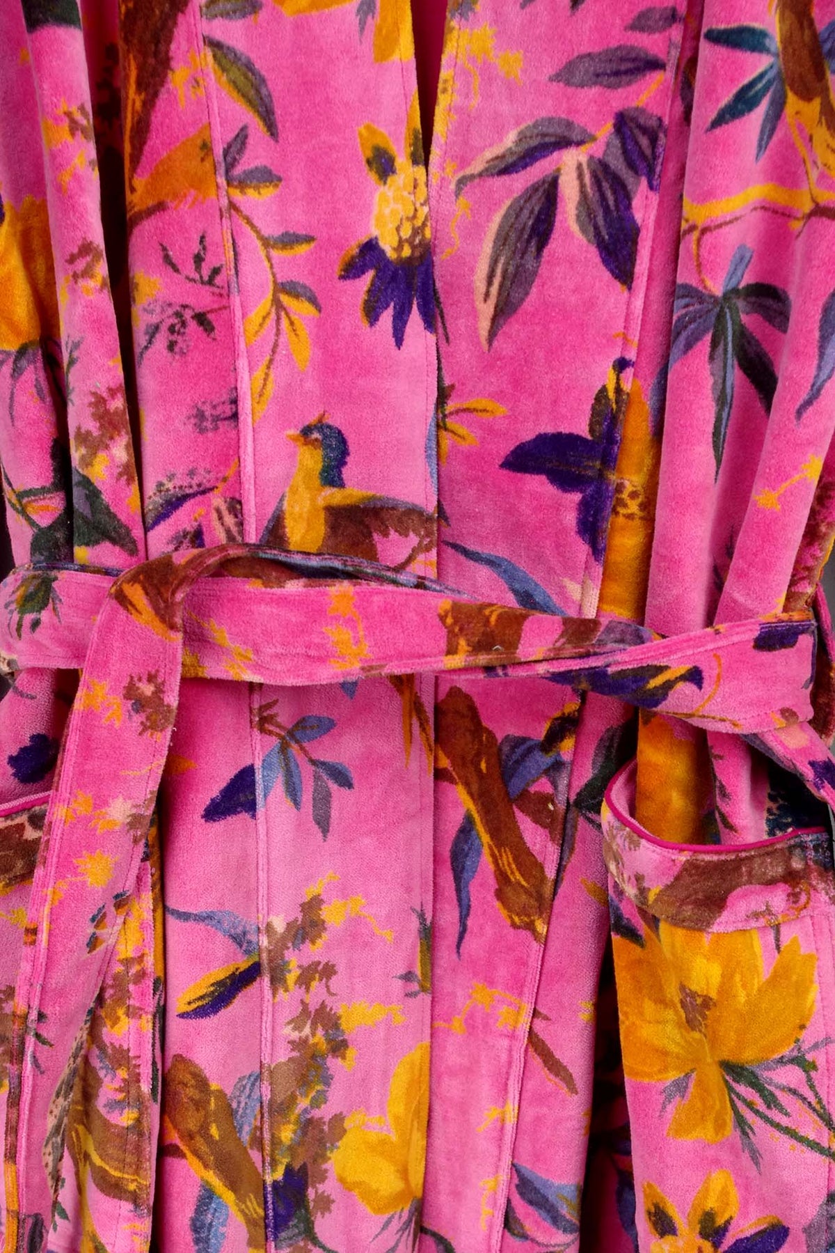 Luxury Pink Yellow Bird of Paradise Velvet Kimono Boho Robe With Lining.