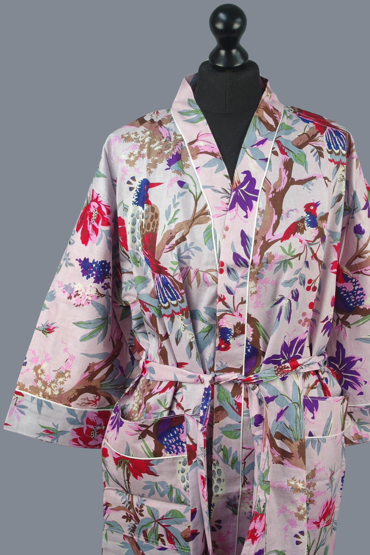 Peach Tropical Birds Cotton Kimono Dressing Gown