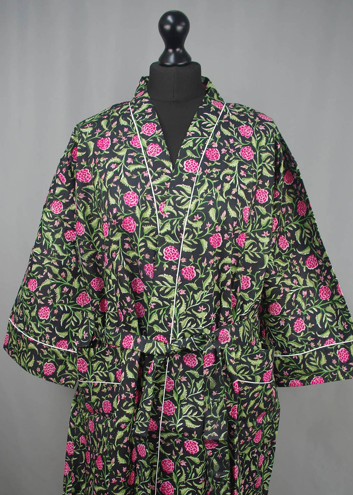 Pink Roses on Black Cotton Kimono Dressing Gown