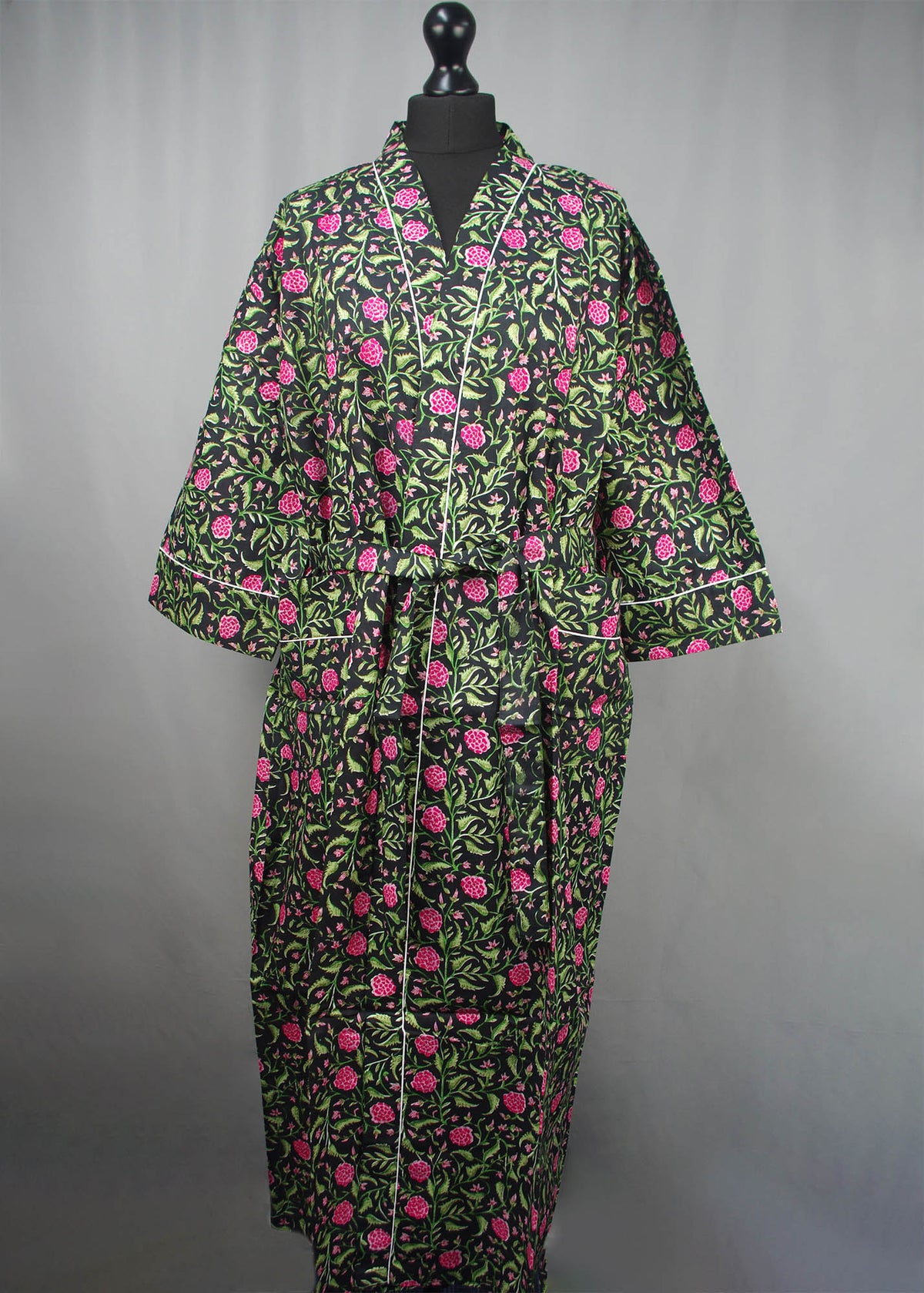 Pink Roses on Black Cotton Kimono Dressing Gown