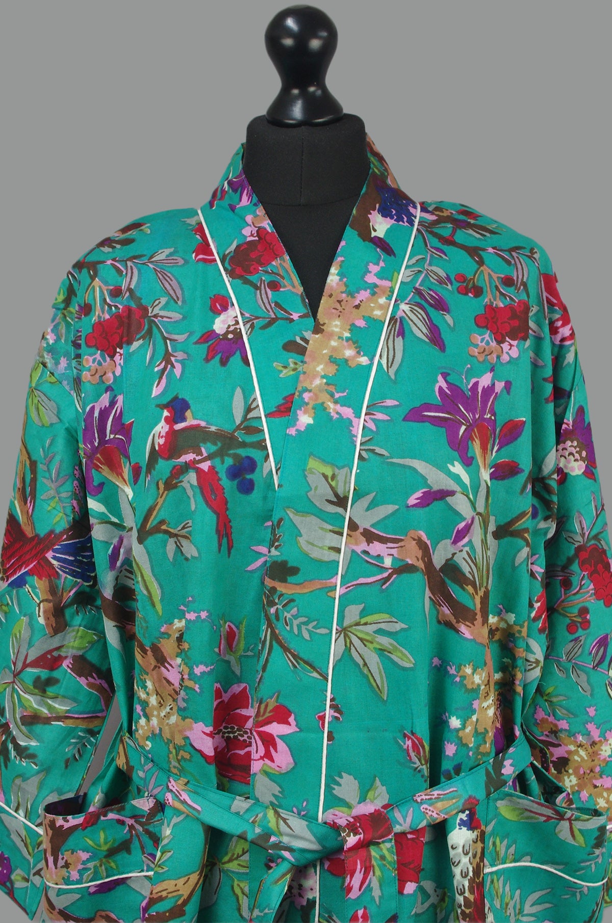 Deep Forest Green Tropical Birds Cotton Kimono Dressing Gown