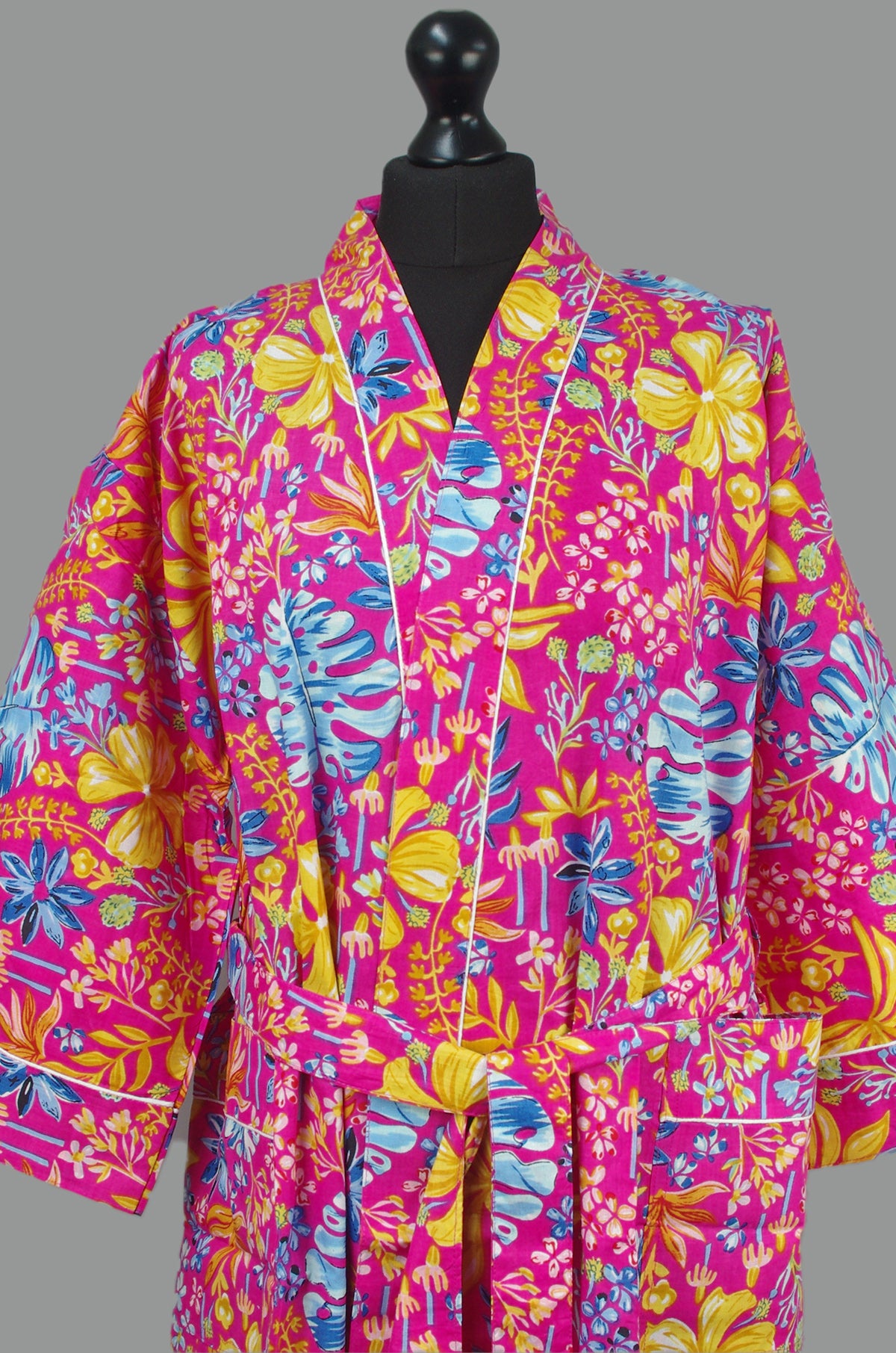 Multi Colour Pink Botanical Cotton Kimono Dressing Gown