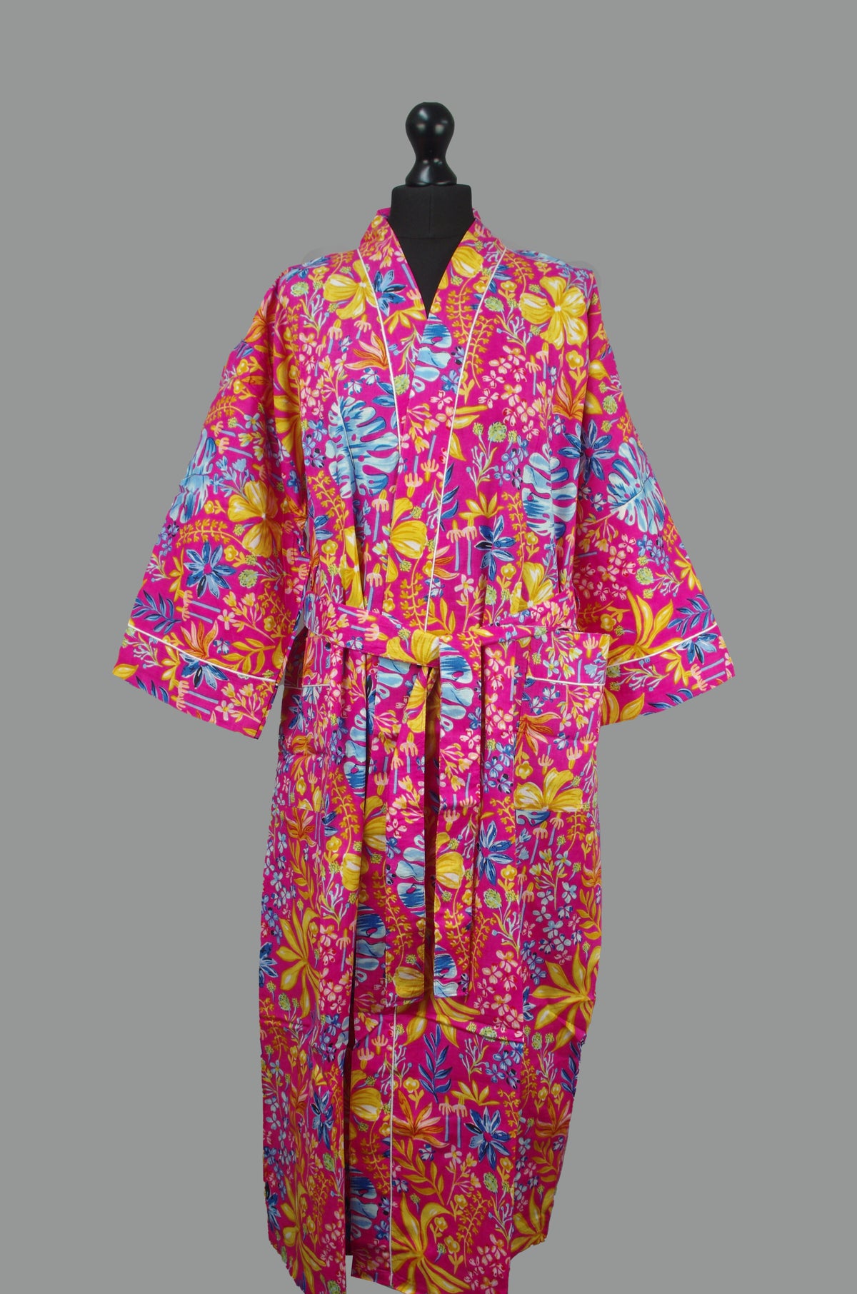 Multi Colour Pink Botanical Cotton Kimono Dressing Gown