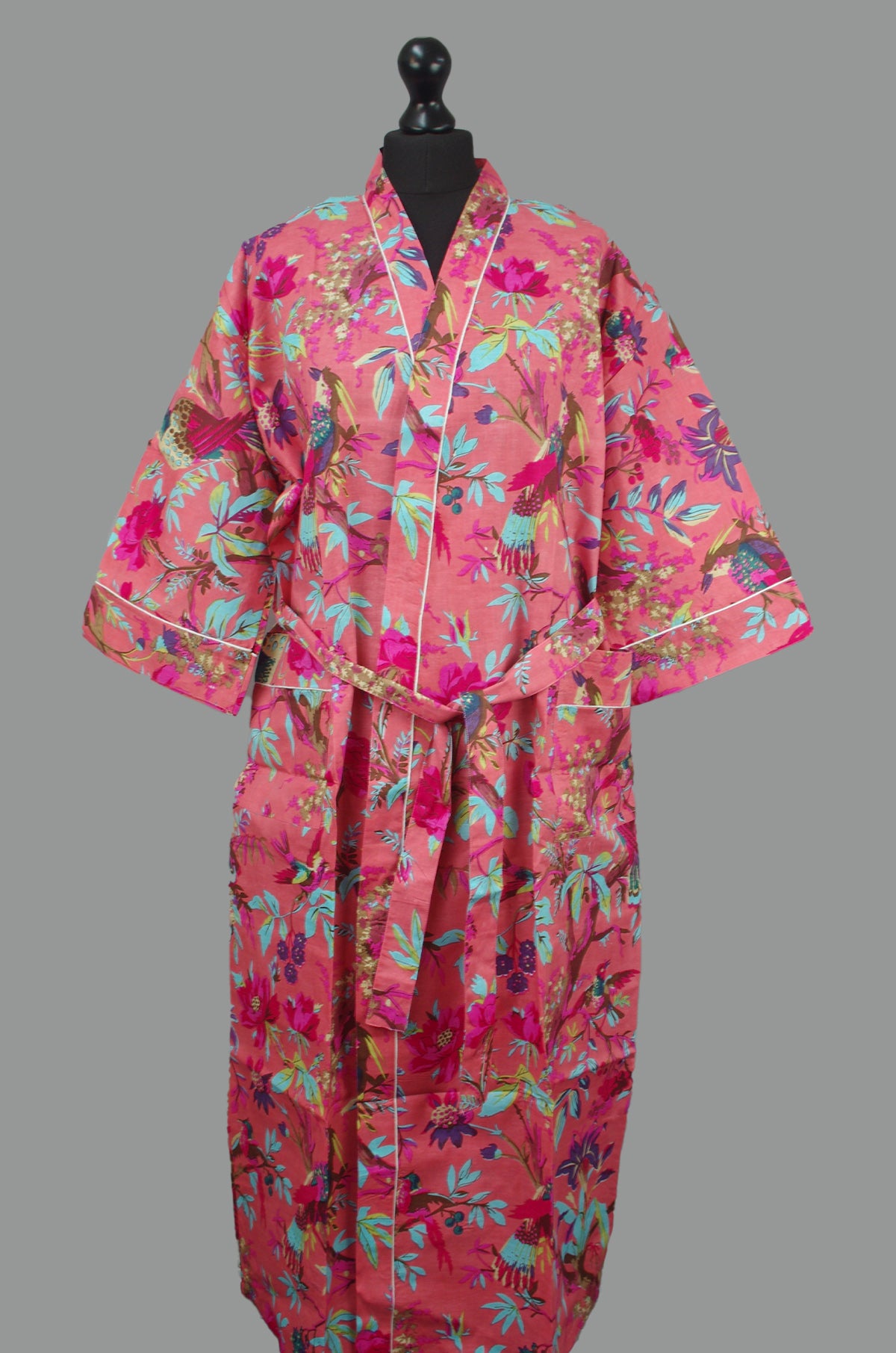 Georgia Peach Tropical Birds Print Cotton Kimono Dressing Gown