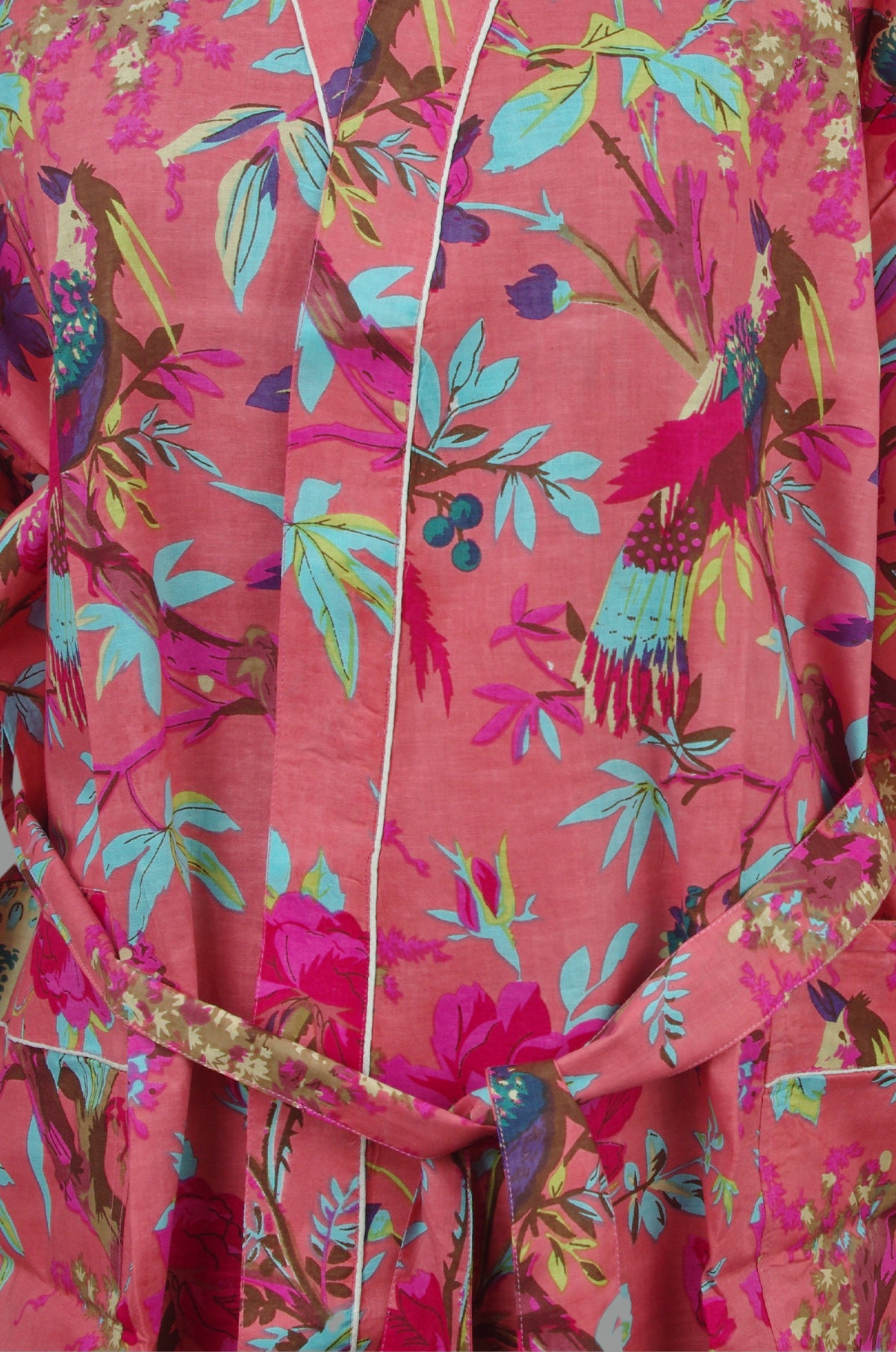 Georgia Peach Tropical Birds Print Cotton Kimono Dressing Gown