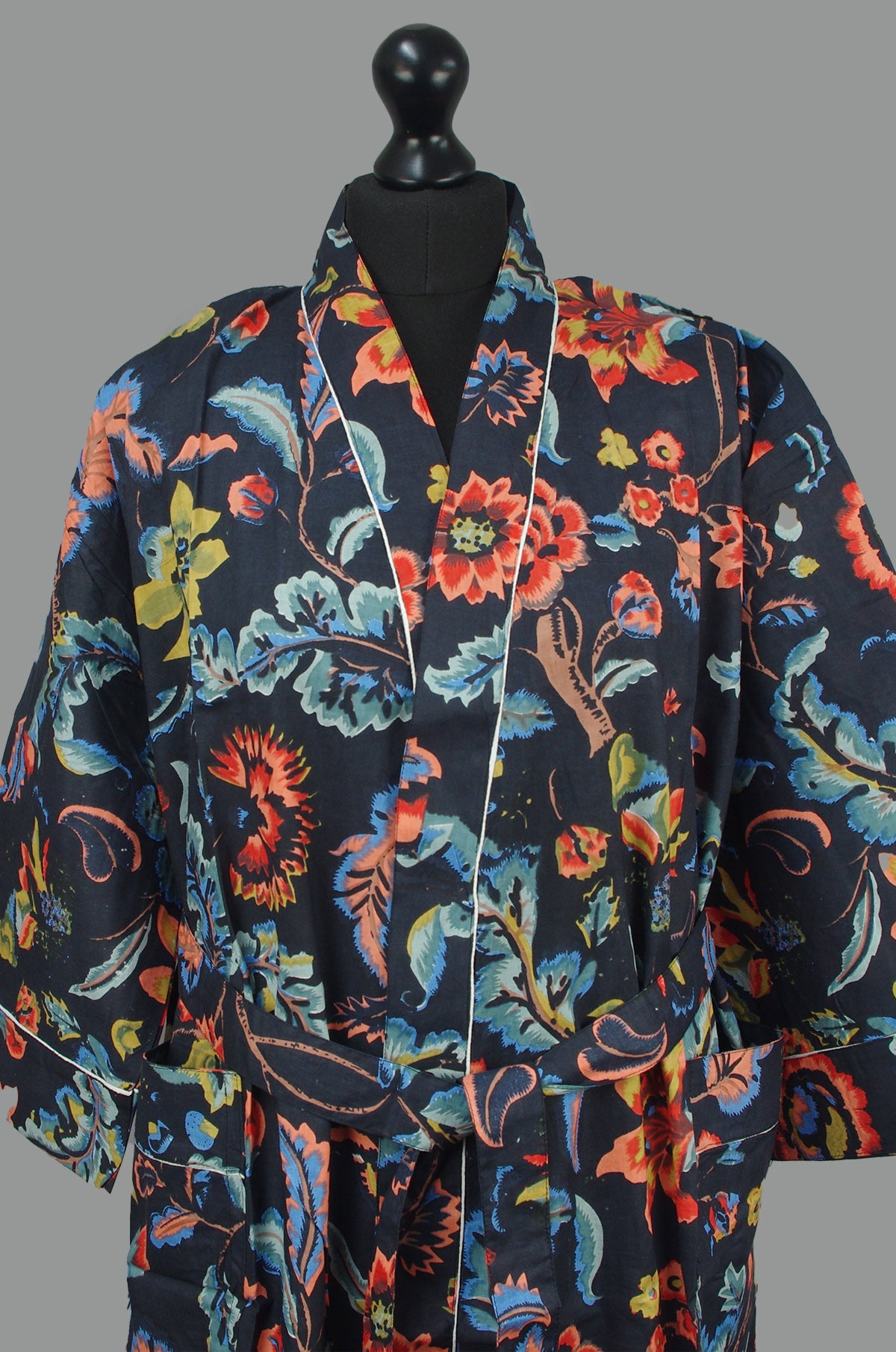 Black Paradise Bloom Print Cotton Kimono Dressing Gown