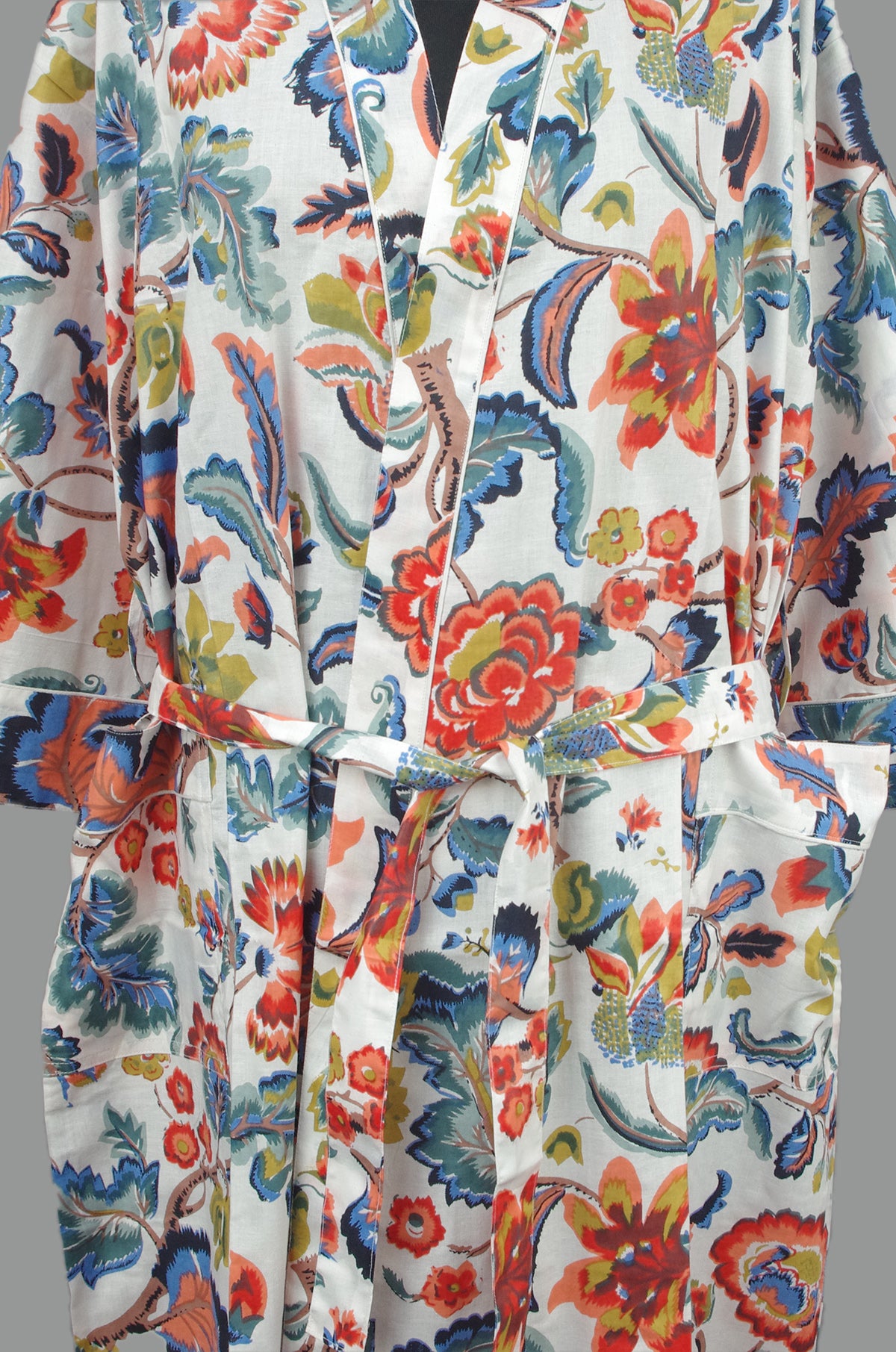White Paradise Bloom Print Cotton Kimono Dressing Gown