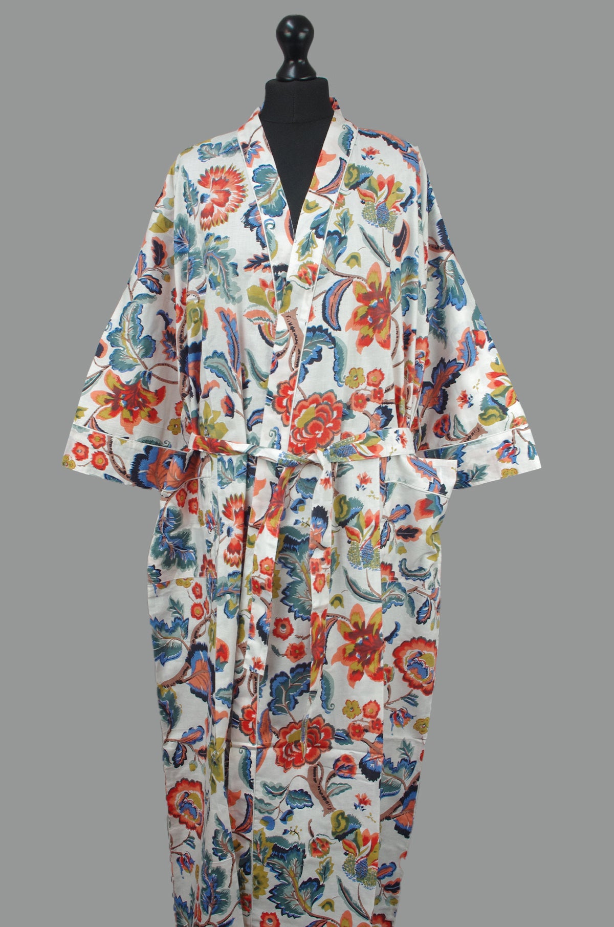 White Paradise Bloom Print Cotton Kimono Dressing Gown