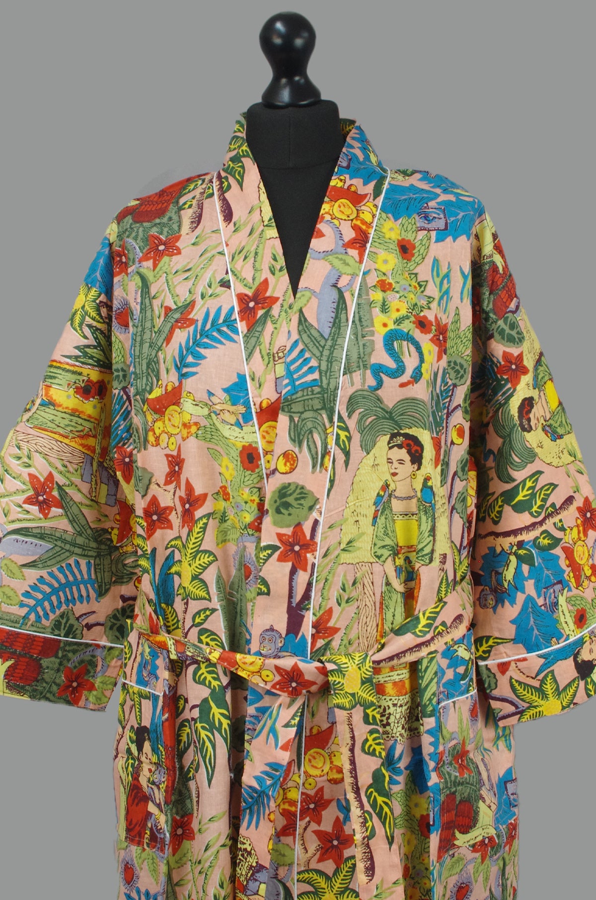 Peach Frida Kahlo Cotton Kimono Dressing Gown
