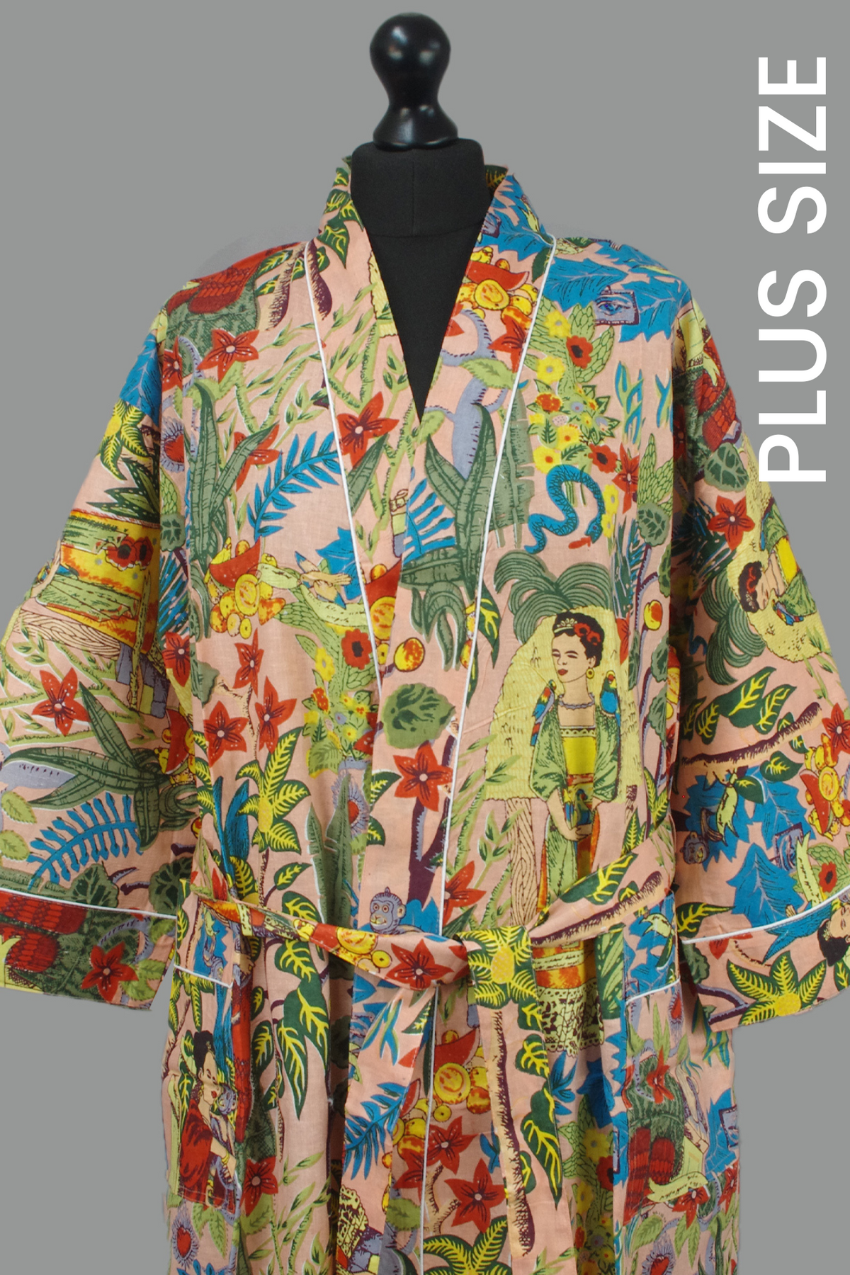 Schwarzer Frida Kahlo Kimono-Bademantel aus Baumwolle mit Blumendruck