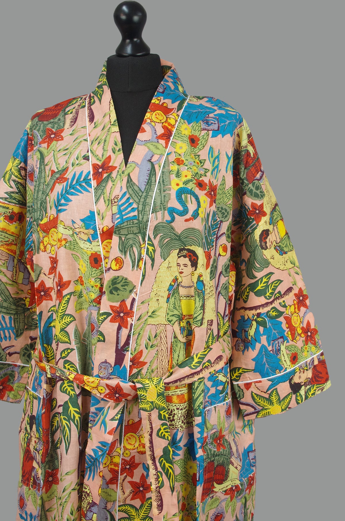 Peach Frida Kahlo Cotton Kimono Dressing Gown