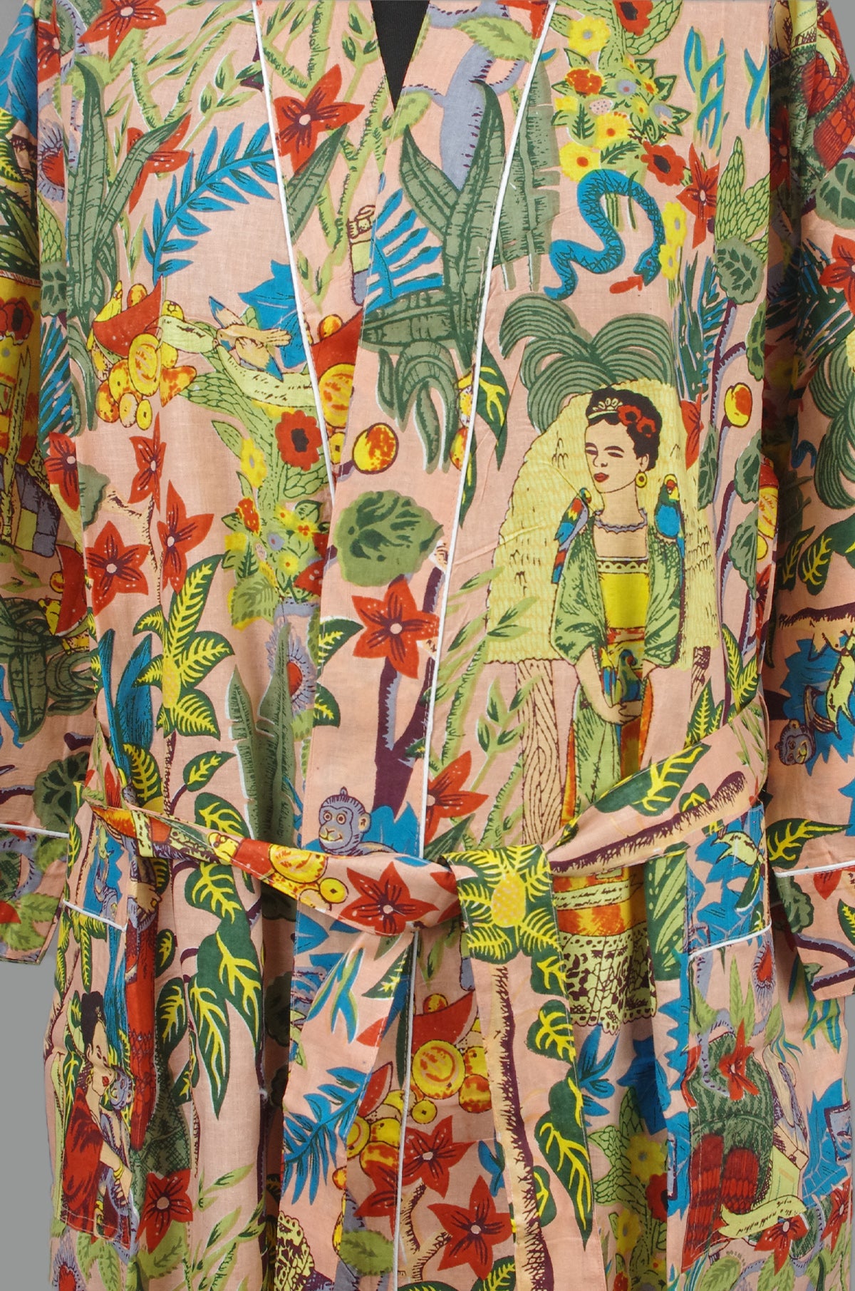 Schwarzer Frida Kahlo Kimono-Bademantel aus Baumwolle mit Blumendruck