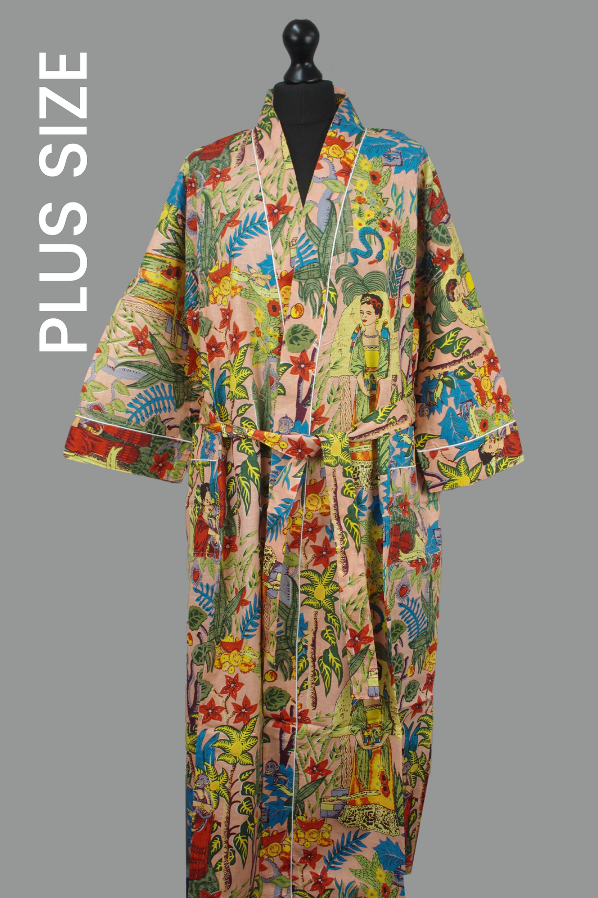 Plus Size Peach Frida Kahlo Floral Print Cotton Kimono Dressing Gown