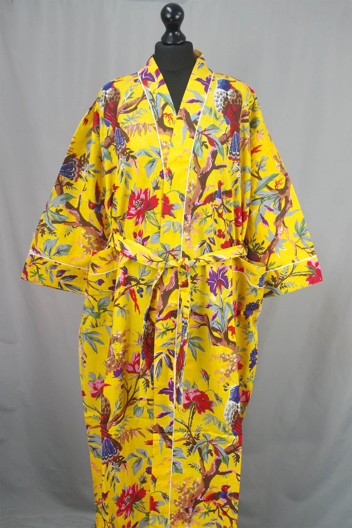 Yellow Birds Tropical Birds Cotton Kimono Dressing Gown