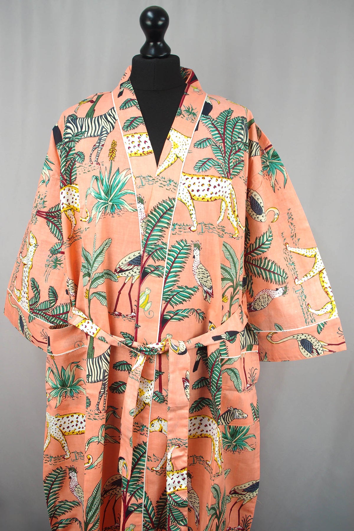 Animal Print On Peach Base Cotton Kimono Dressing Gown