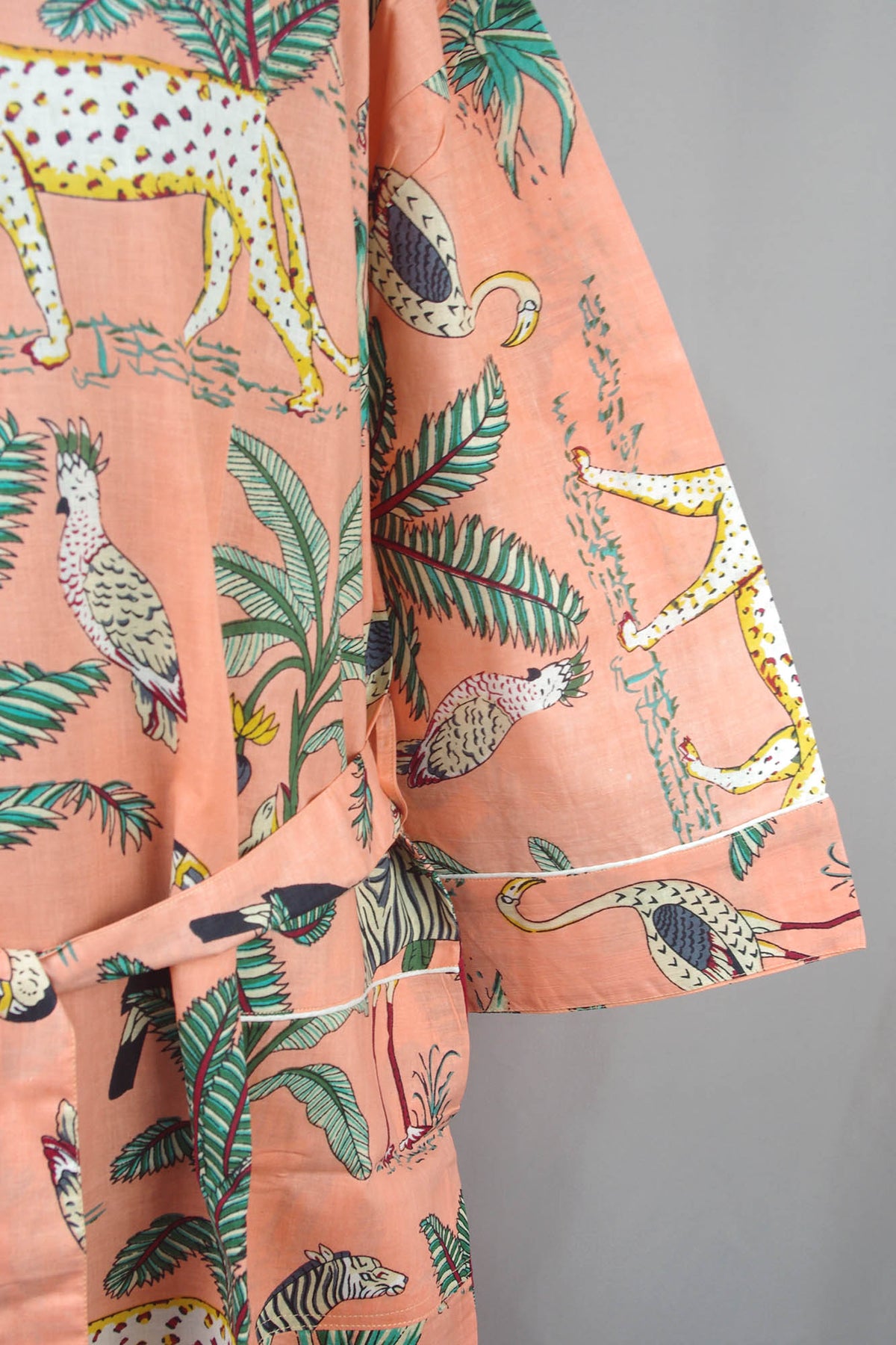 Animal Print On Peach Base Cotton Kimono Dressing Gown