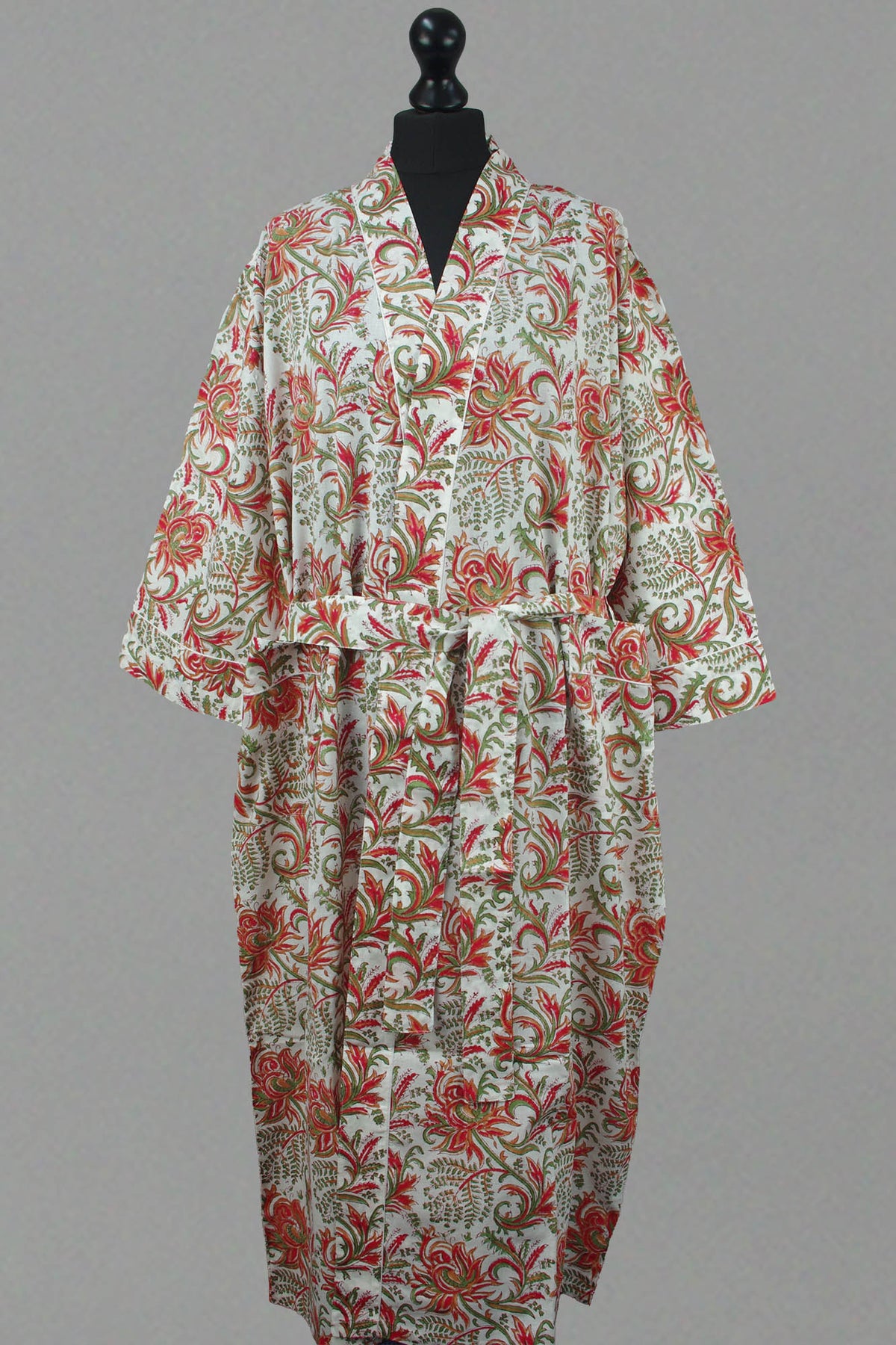 Red Thistles On White Cotton Kimono Dressing Gown