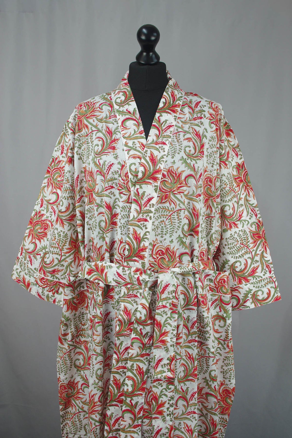 Red Thistles On White Cotton Kimono Dressing Gown