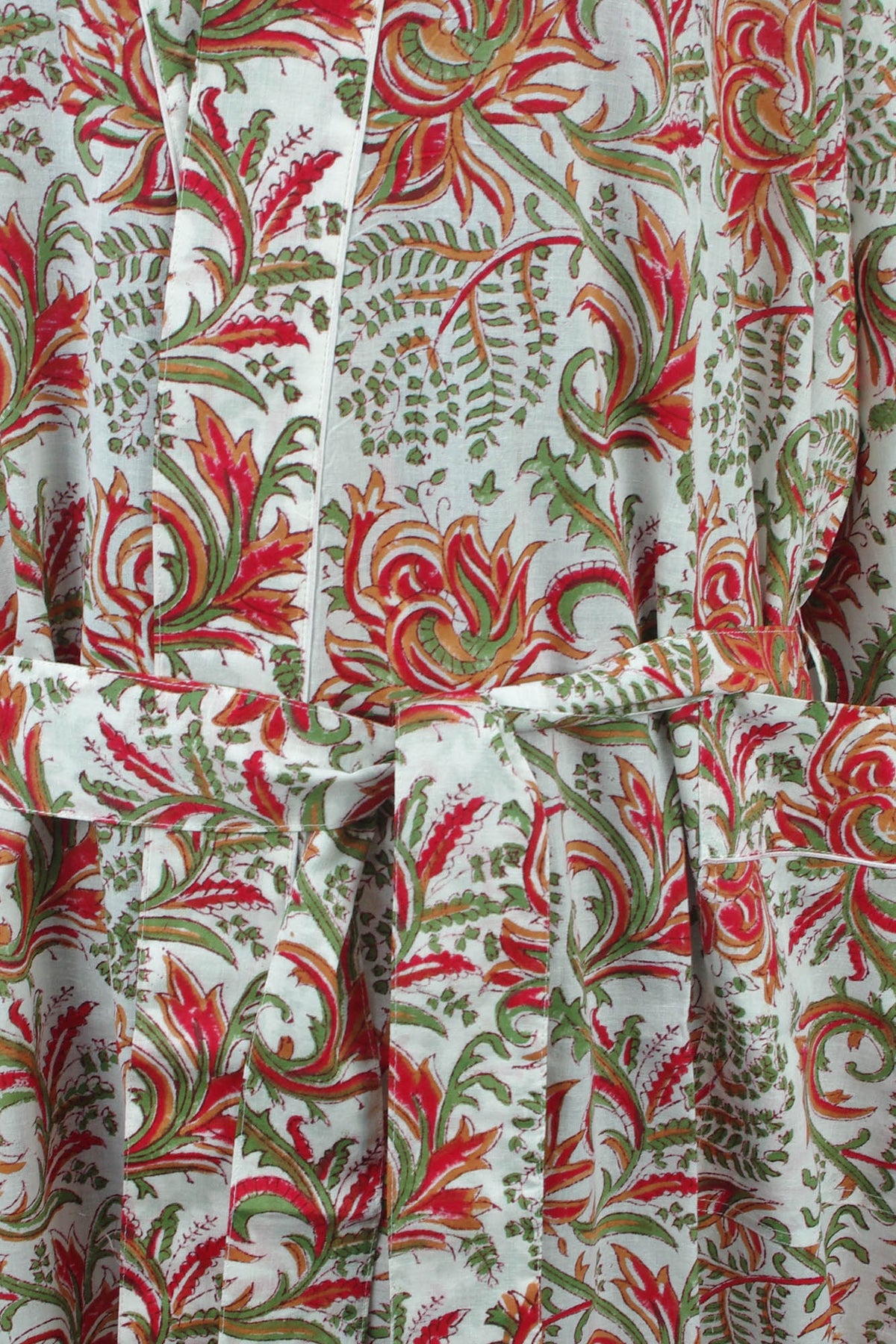 Red Thistles On White Cotton Kimono Dressing Gown