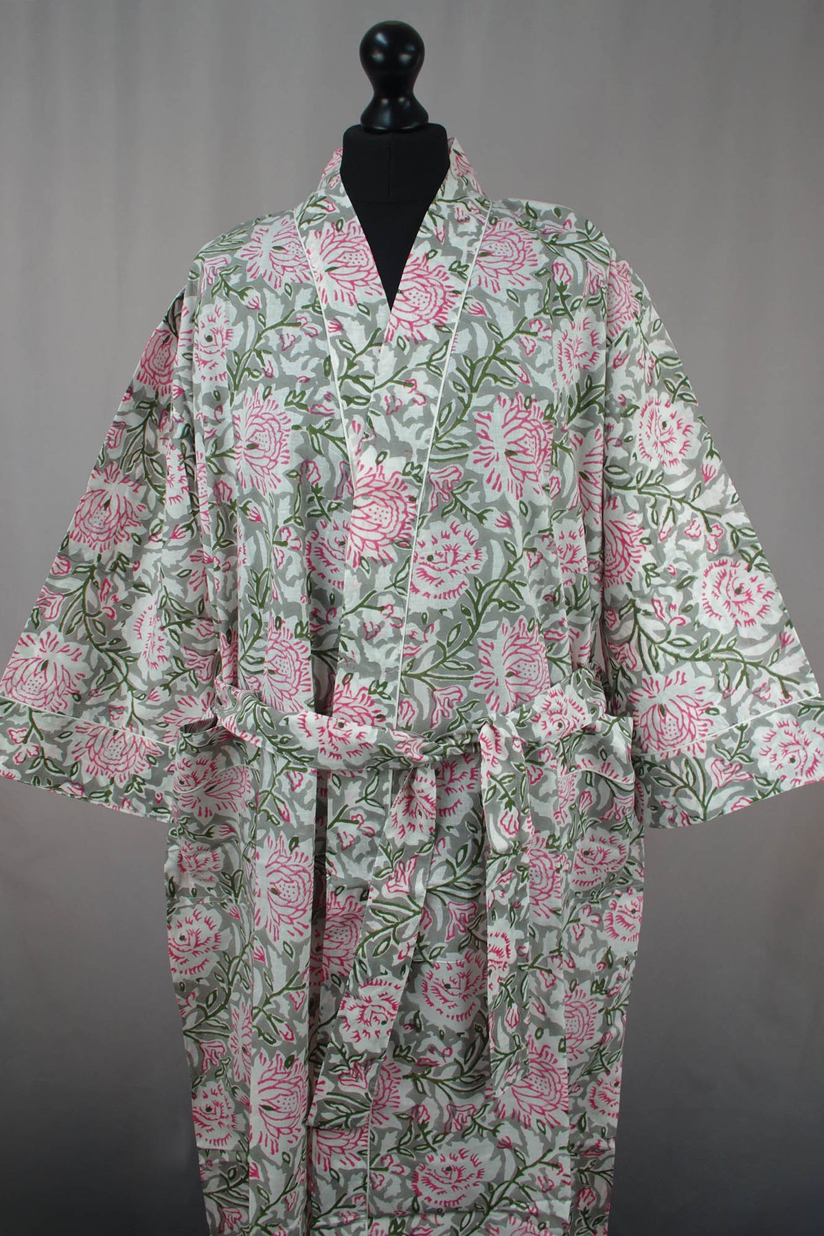 Pink Floral On Grey Cotton Kimono Dressing Gown